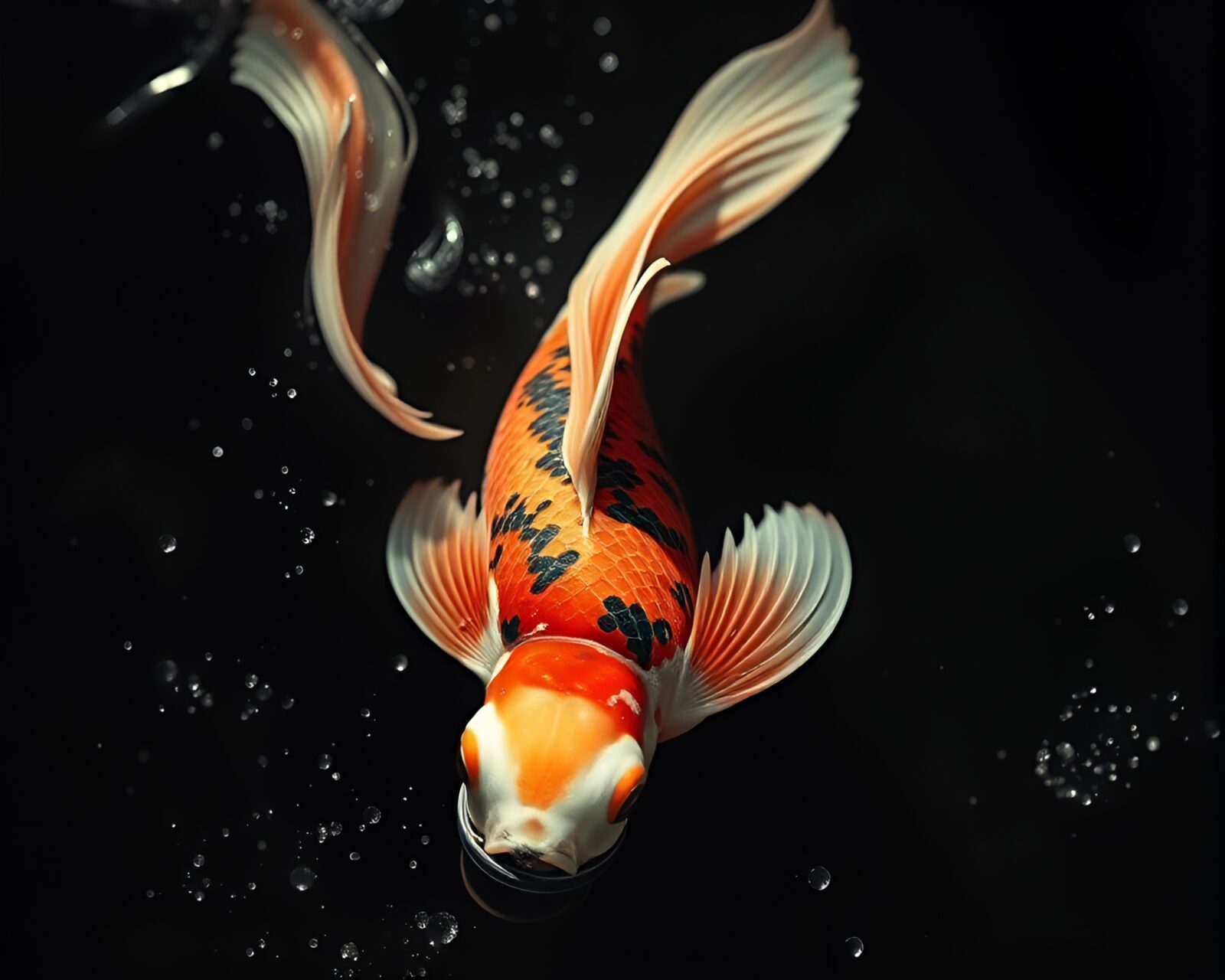 Colorful cartoon koi fish being dusted with feathers