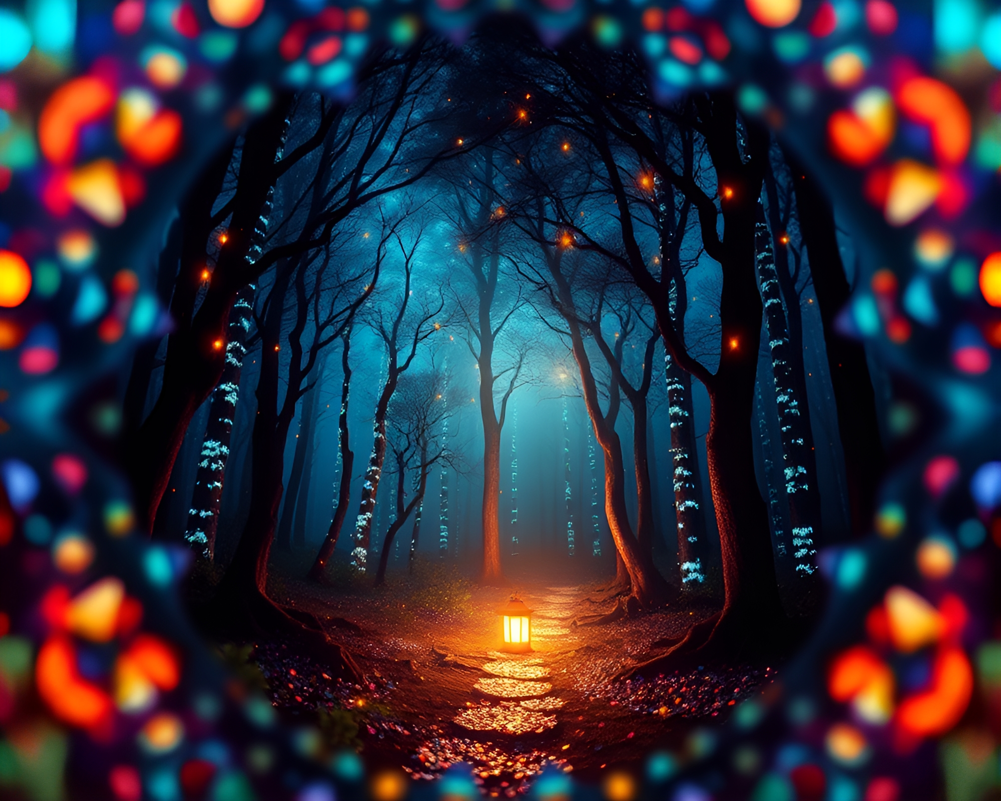 Enchanting Bioluminescent Forest in Pointillism Art – free AI stock image