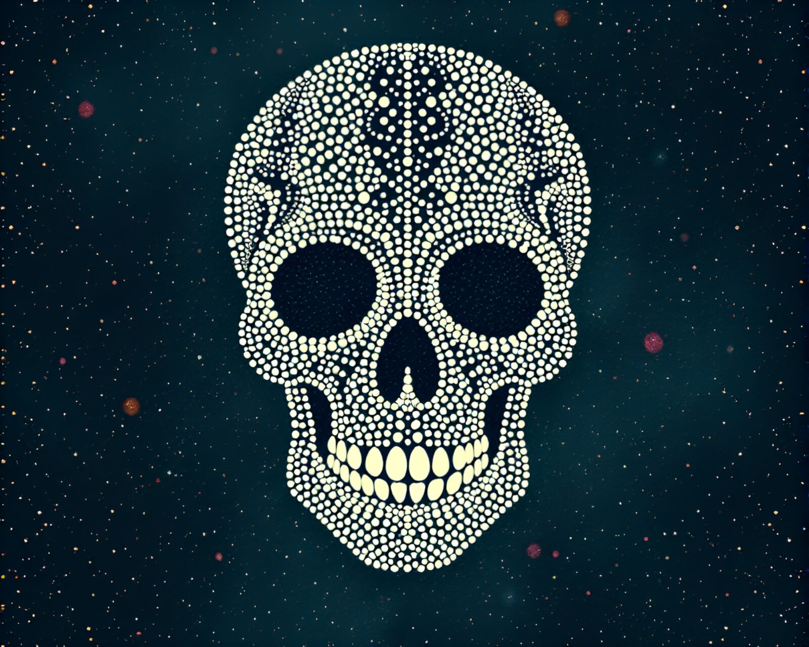 A crystal skull composed of pointillist dots in a neon haze.