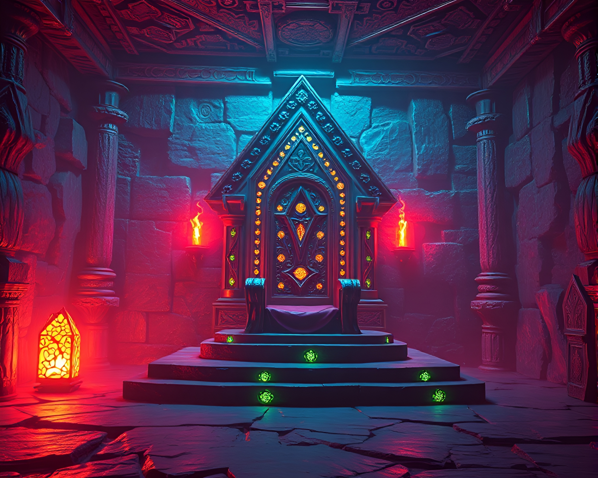 Glowing Rune Stone Throne Room Illuminated in Vaporwave Style – free AI stock image
