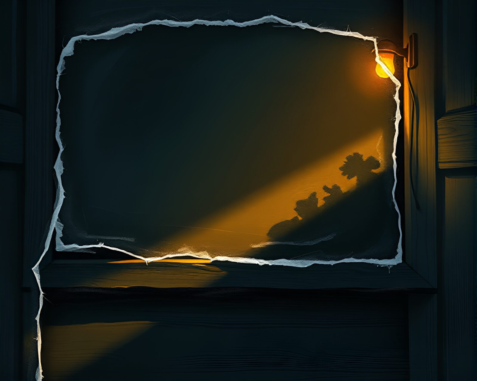 Warm porchlight illuminating vintage camera and chalkboard art