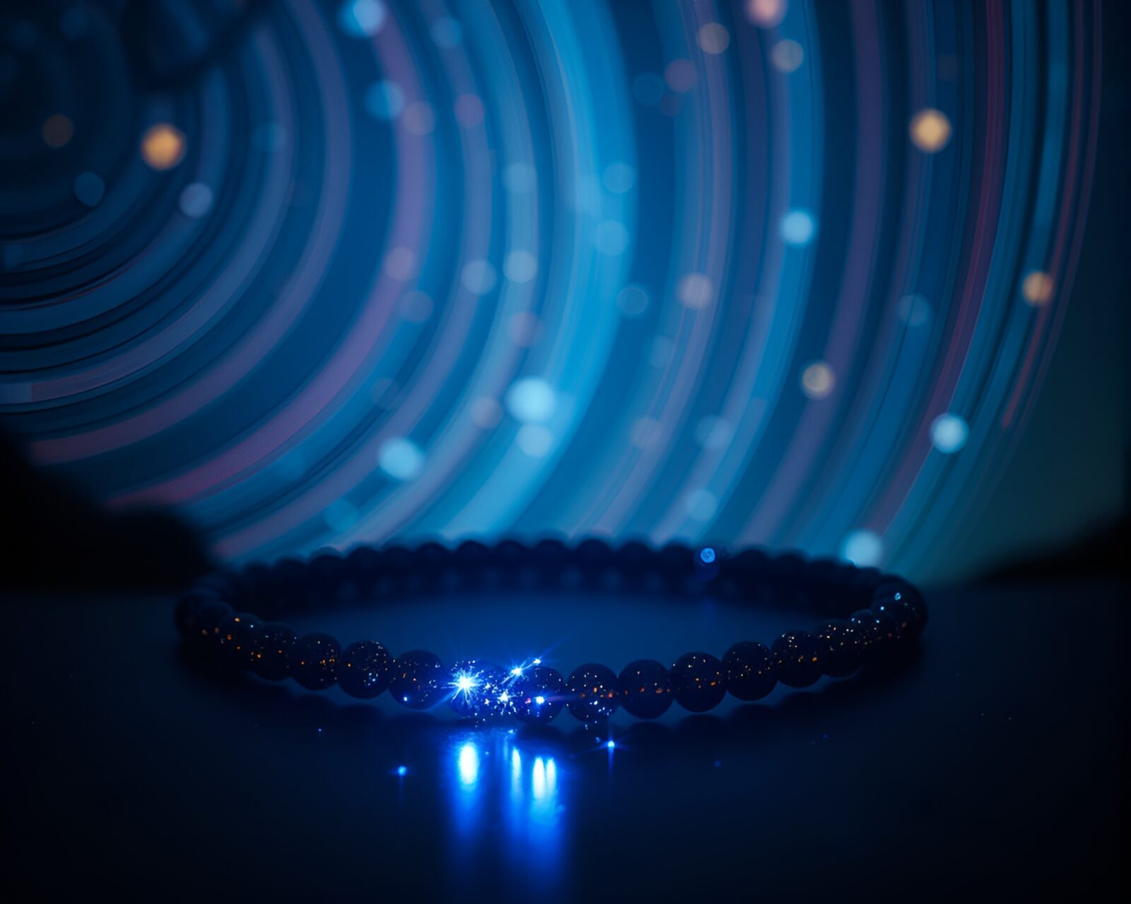 A hazy, dreamlike scene featuring star trails and ASCII bracelet art