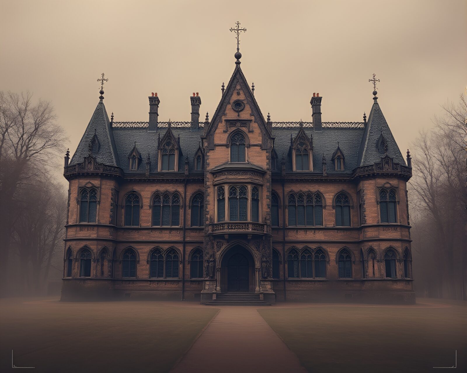 Digital noise enhancing the muted earth tones of gothic mansion
