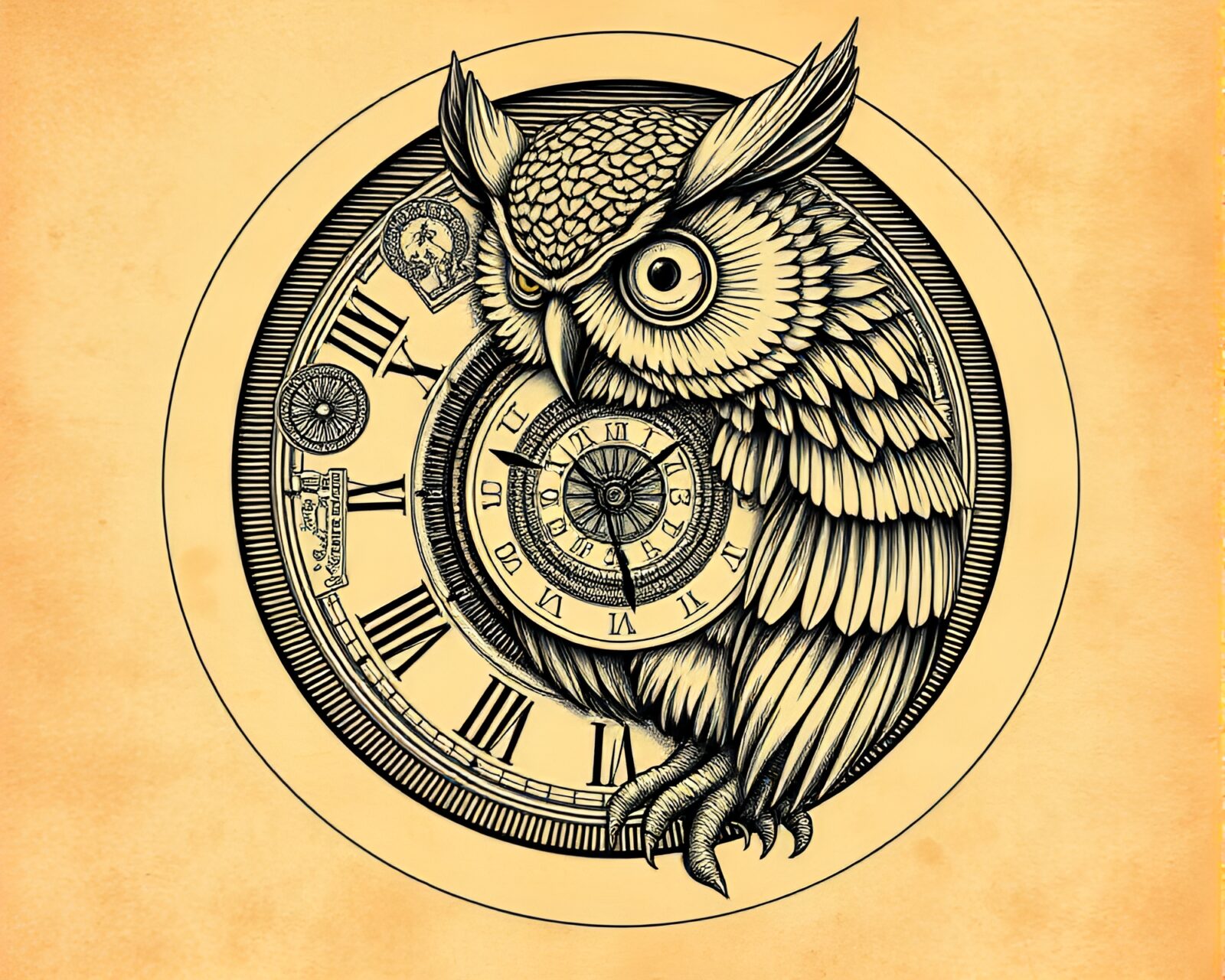 Retro scanline lit owl surrounded by intricate spiral patterns