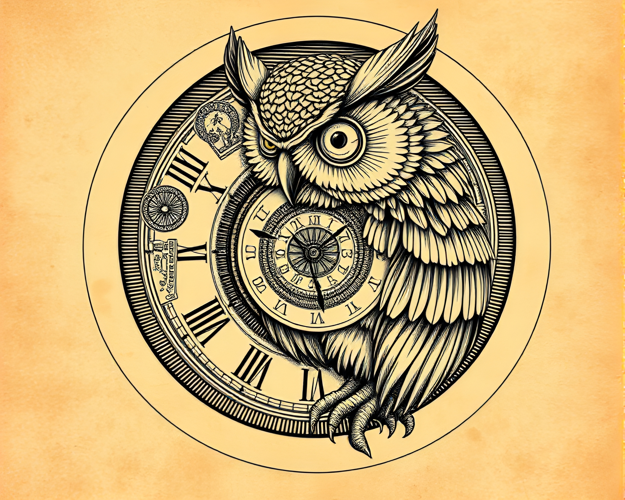 Clockwork Owl Engulfed in Fibonacci Engraving – free AI stock image