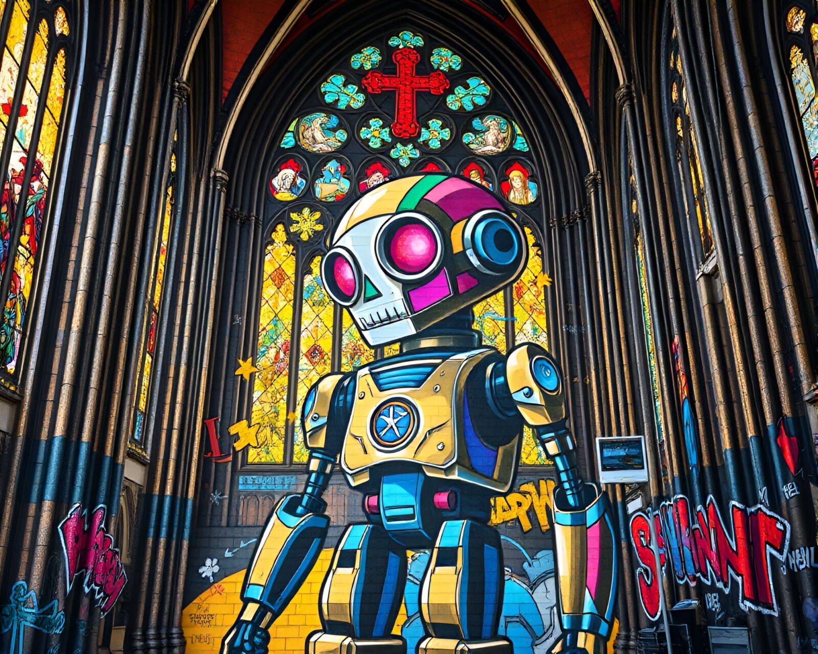 Vibrant pop art depiction of a robot in a cathedral-like setting