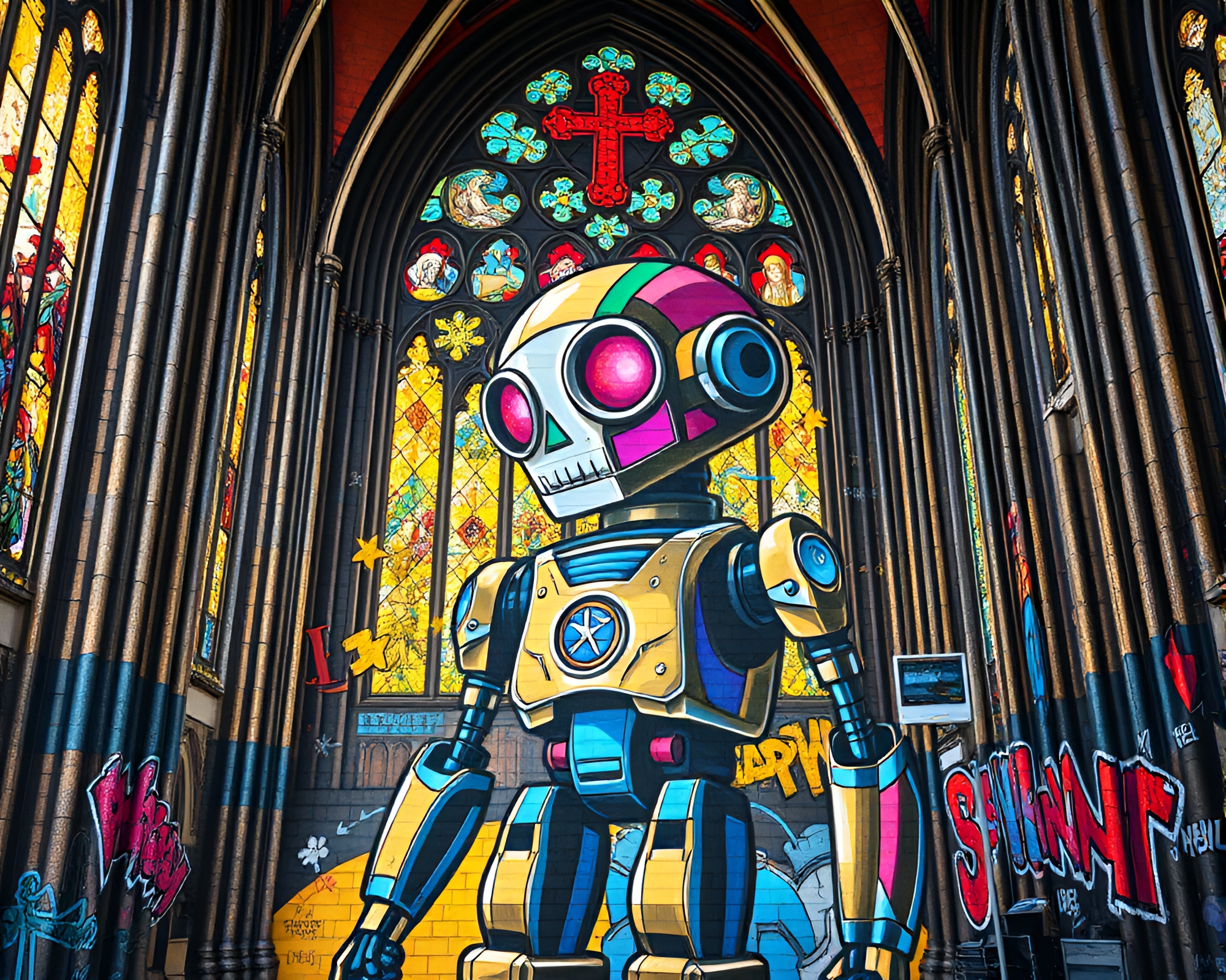 Futuristic Robot Cathedral Mural Graffiti Pop Art – free AI stock image