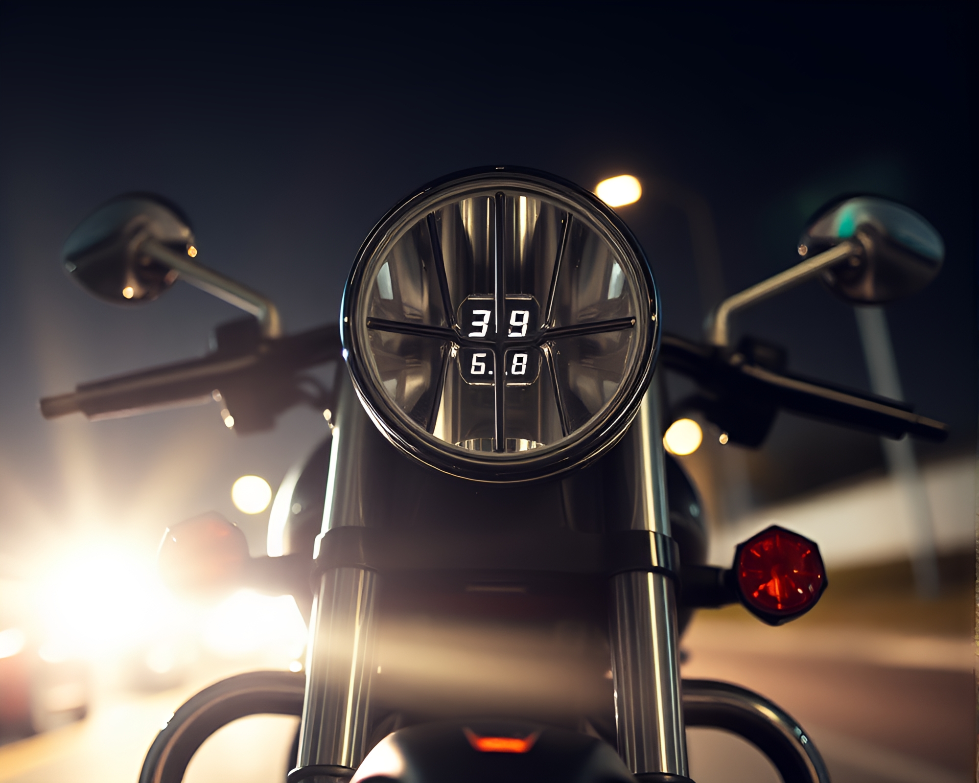 Intense Motorcycle Engine Close-Up with Porchlight Glow – free AI stock image