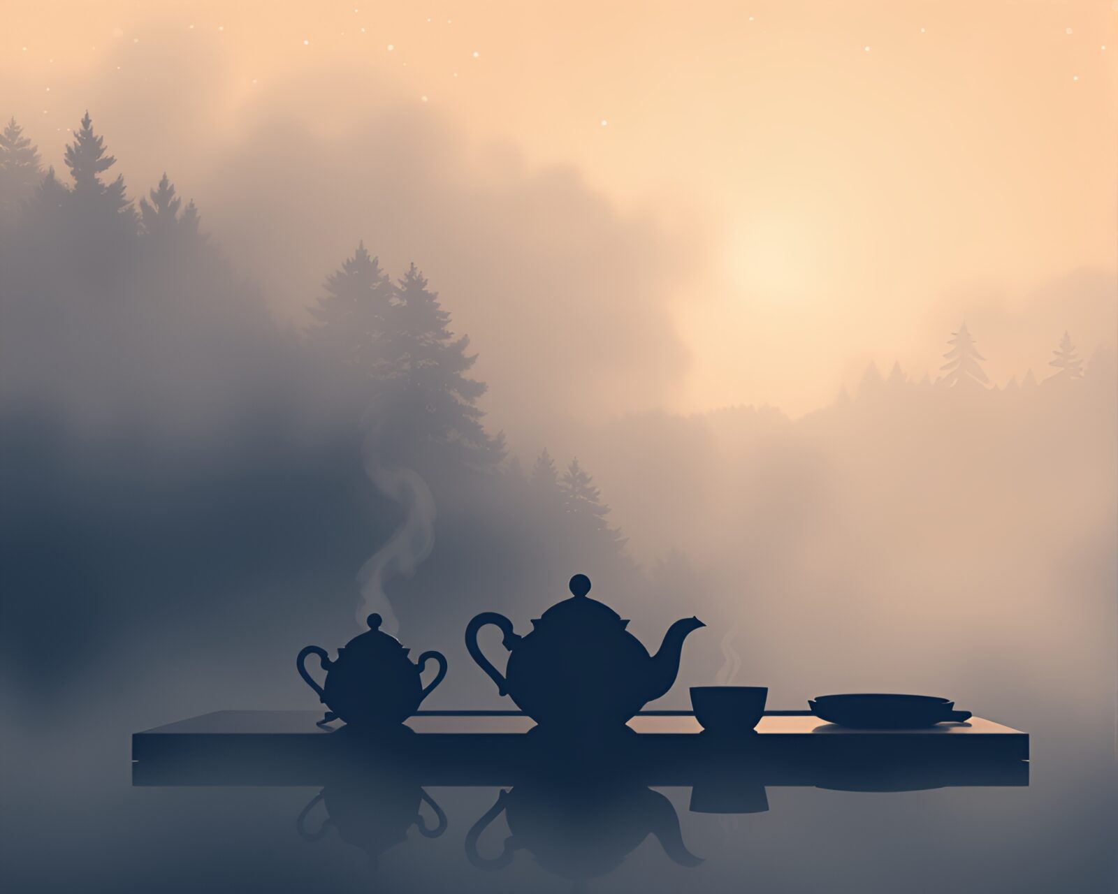 Silhouette illustration of a mystical tea set in cosmic fog