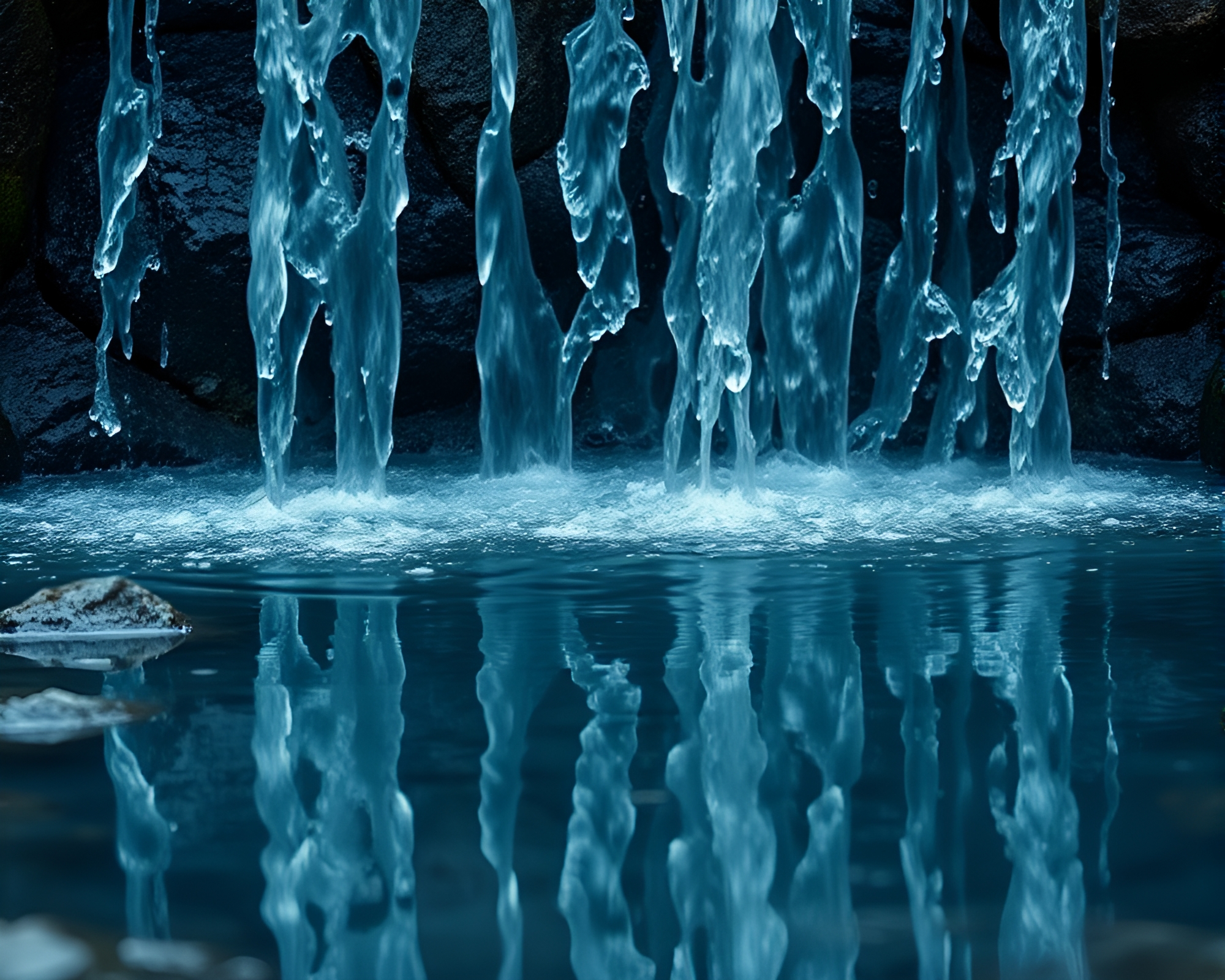 Steel-blue Waterfall Reflection in Puddle – free AI stock image