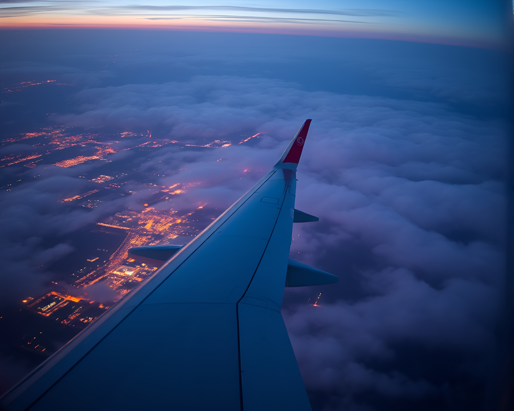 Digital Twilight Haze: Bird’s Eye Airplane View – free AI stock image