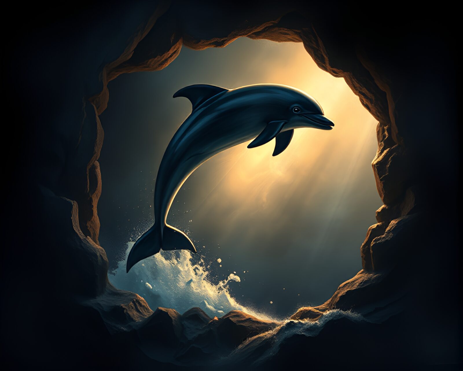 A dramatic digital painting of a dolphin framed within frames