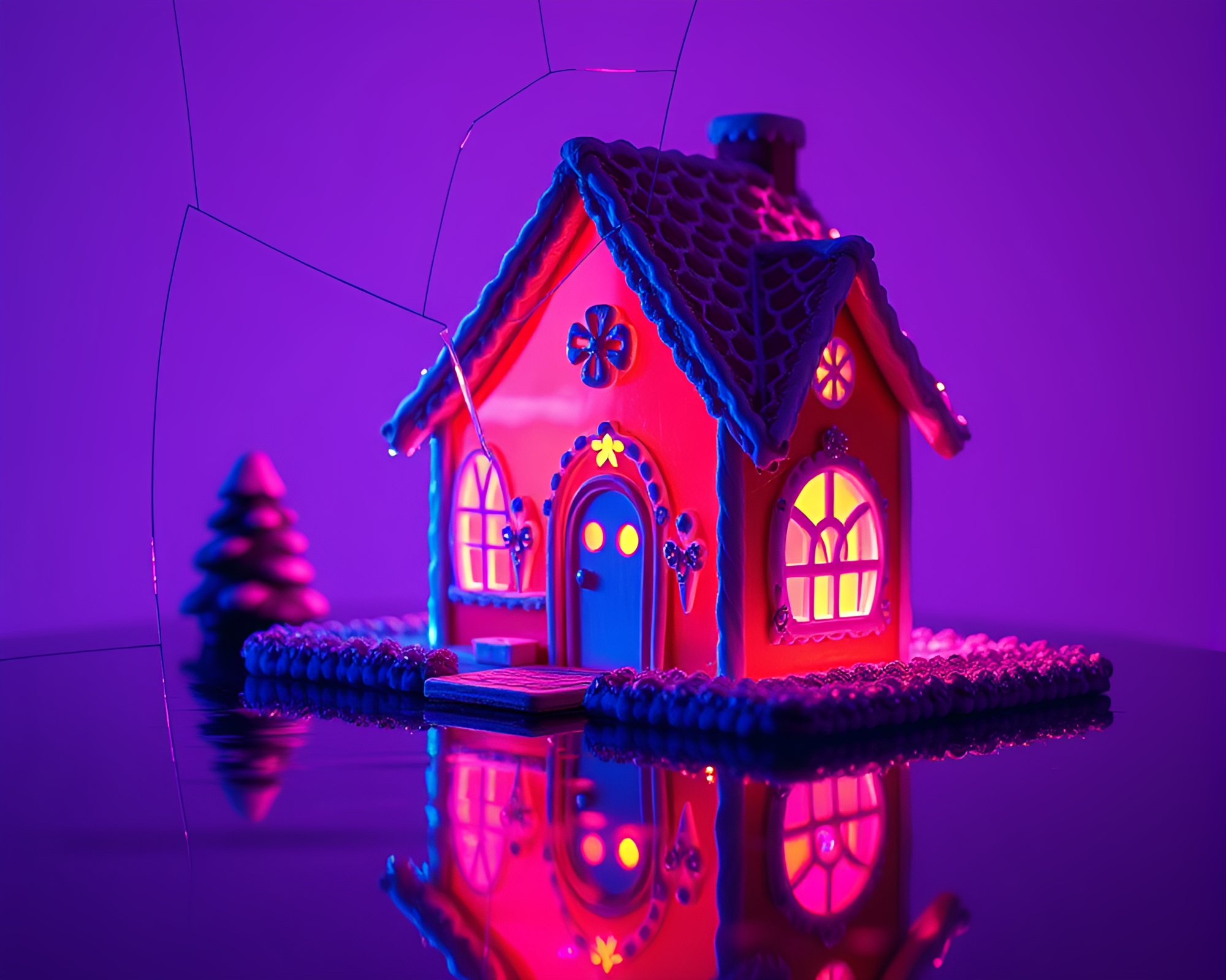 Gingerbread House Reflection in Shattered Glass – free AI stock image