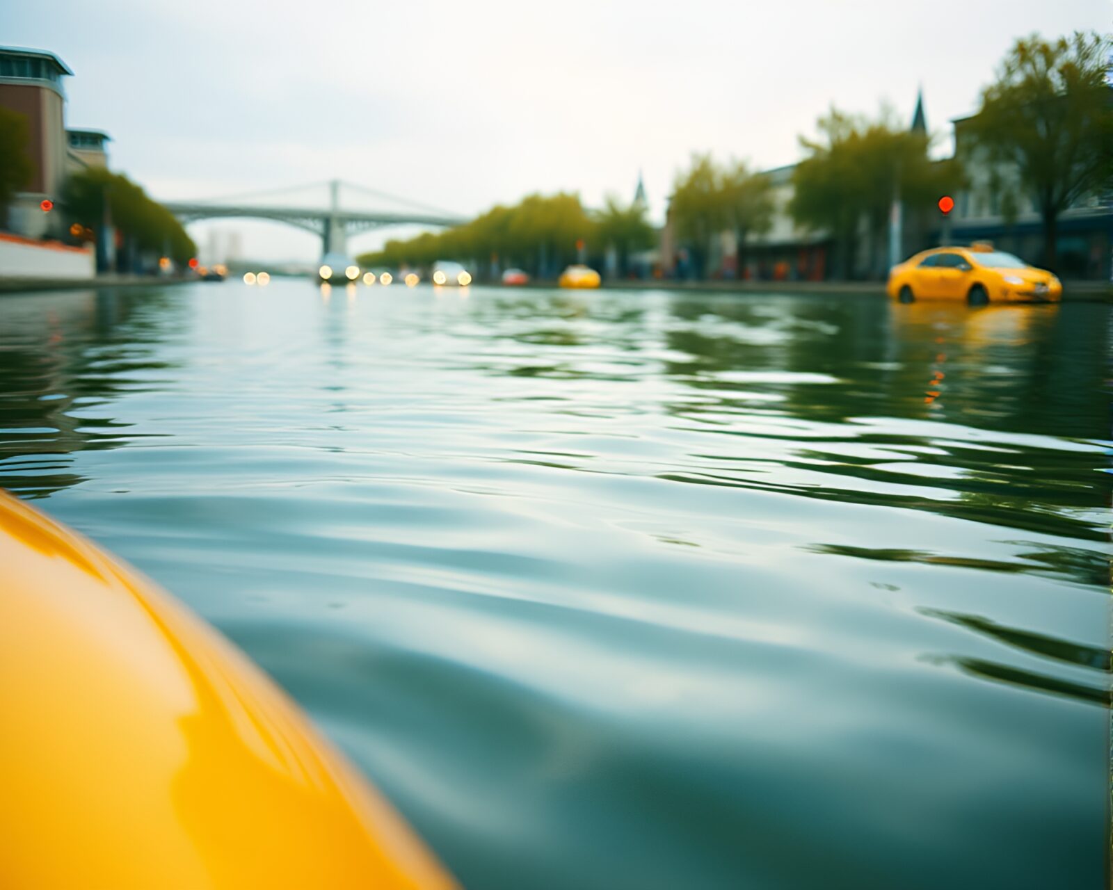 Yellow hover taxi reflecting in rippling water at dusk
