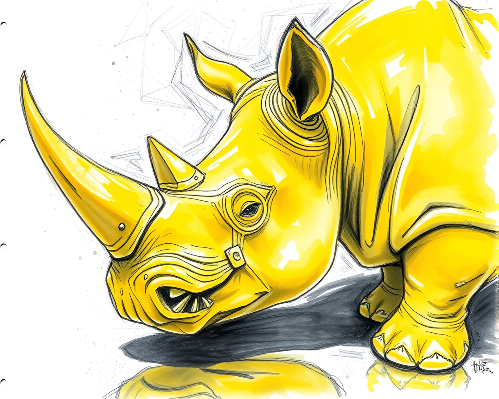 Conté crayon drawing of rhinoceros reflected in lemon light