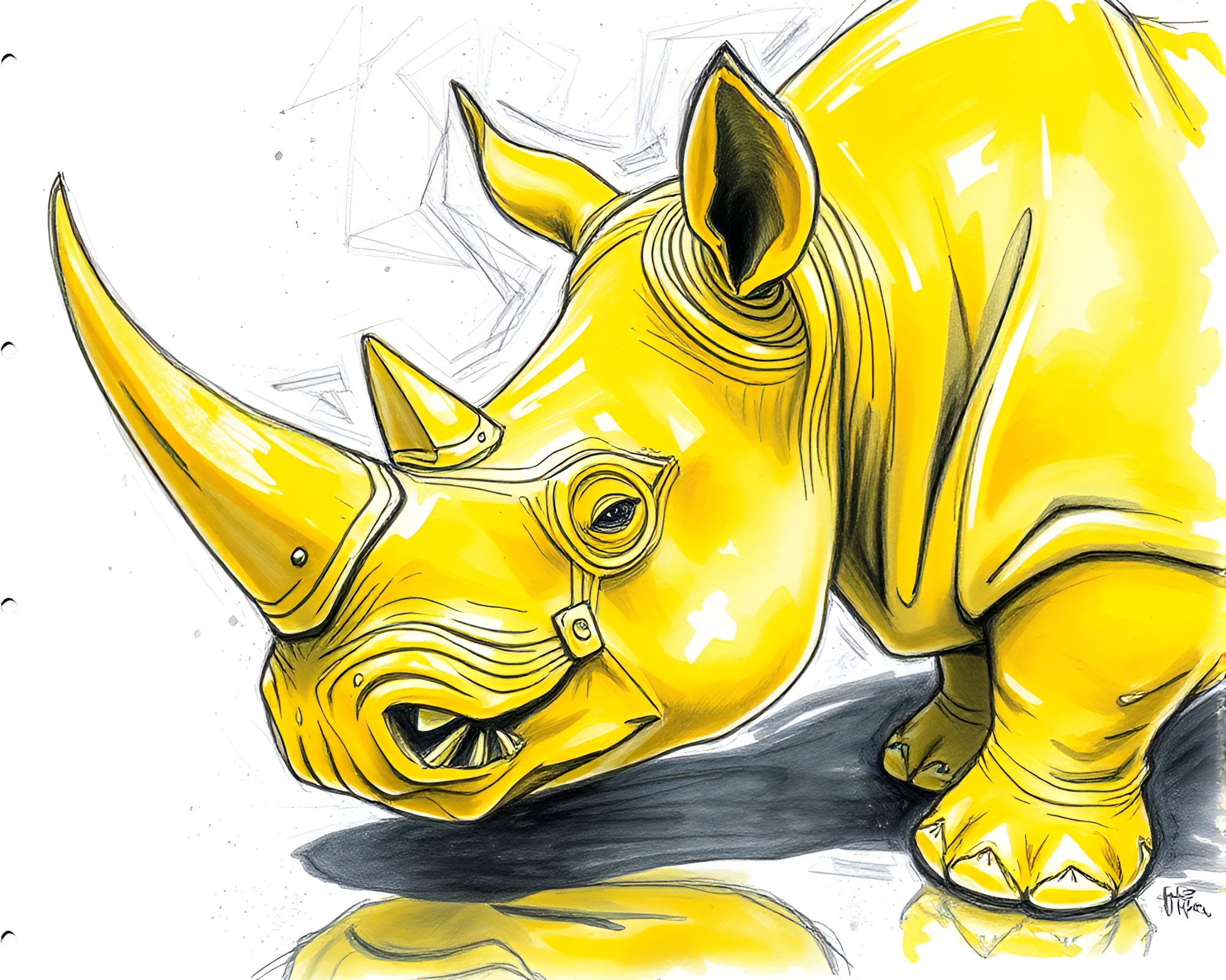 Rhinoceros Reflection in Lemon Yellow Conté Crayon – free AI stock image