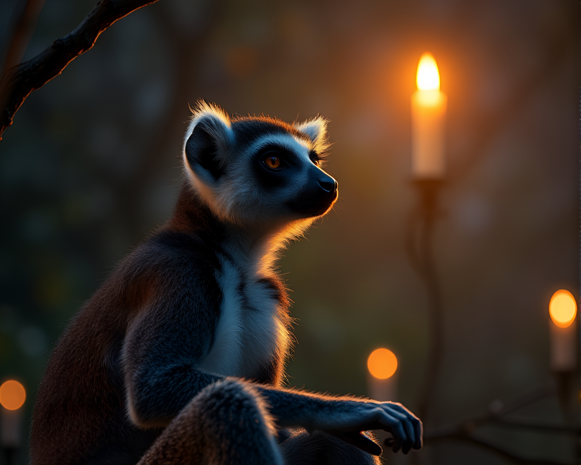 Lemur Double Exposure in Candlelit Fantasy Jungle – free AI stock image