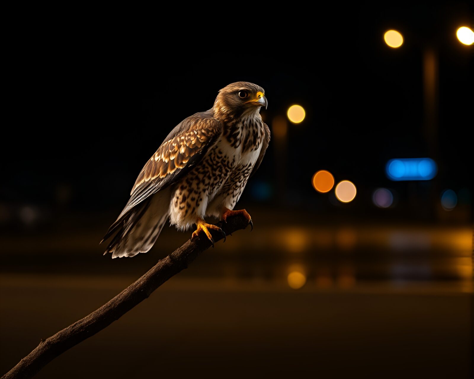 A majestic falcon silhouette mirrored in a city puddle