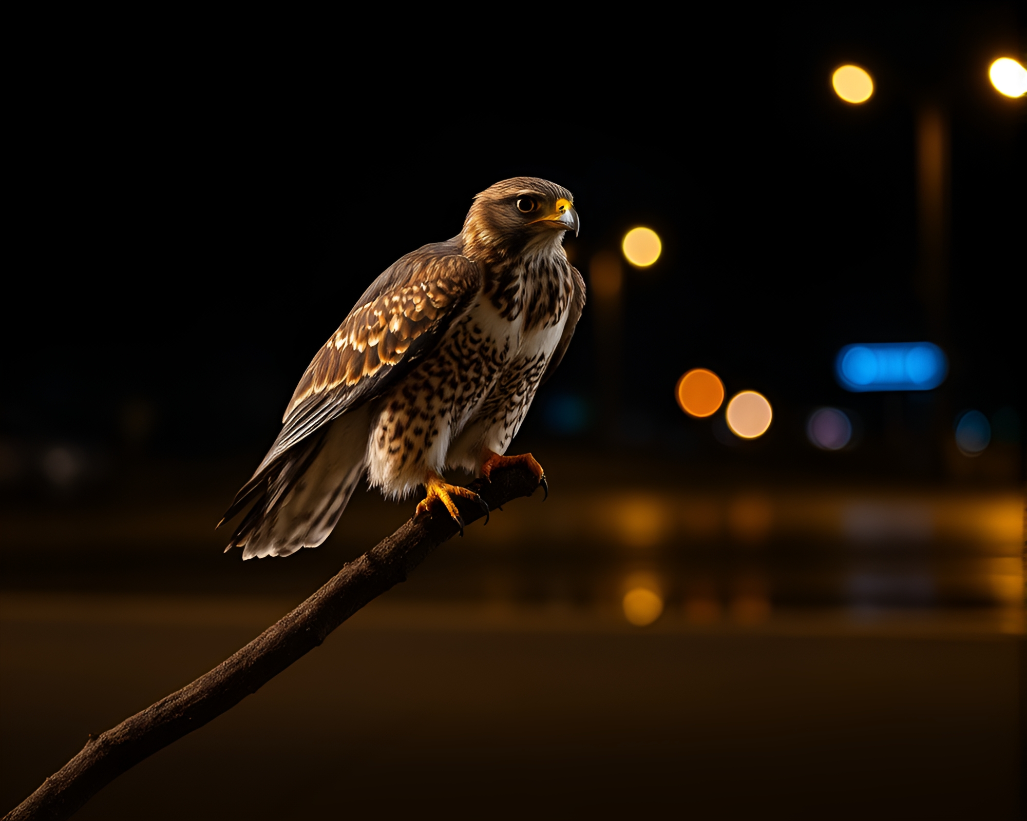 Falcon Reflection in Glistening Streetlamp Glow – free AI stock image