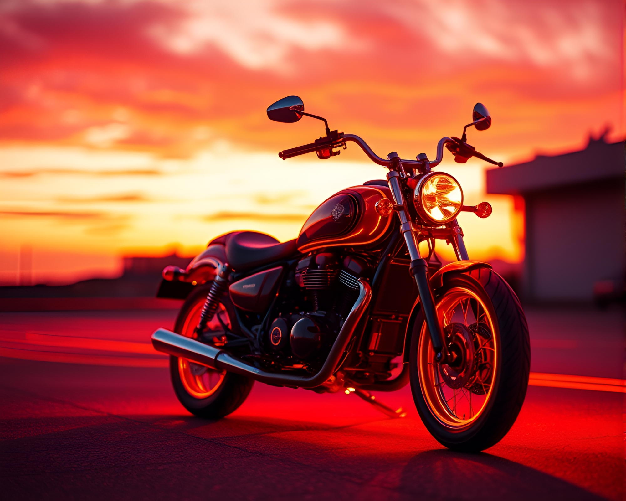 Neon Motorcycle Sunset Through Glass Distortion Art – free AI stock image