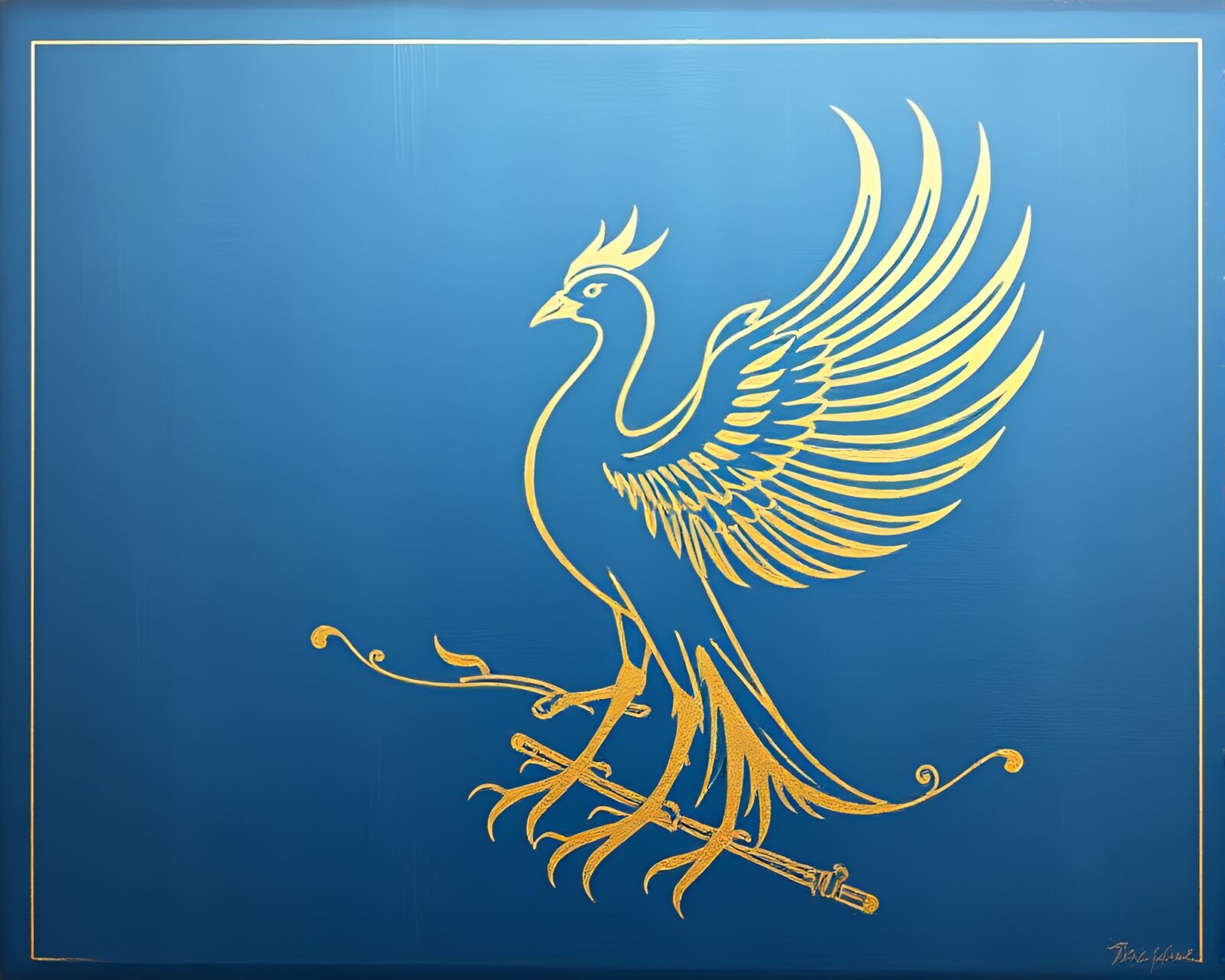 Majestic phoenix shining in gold foil against steel-blue background