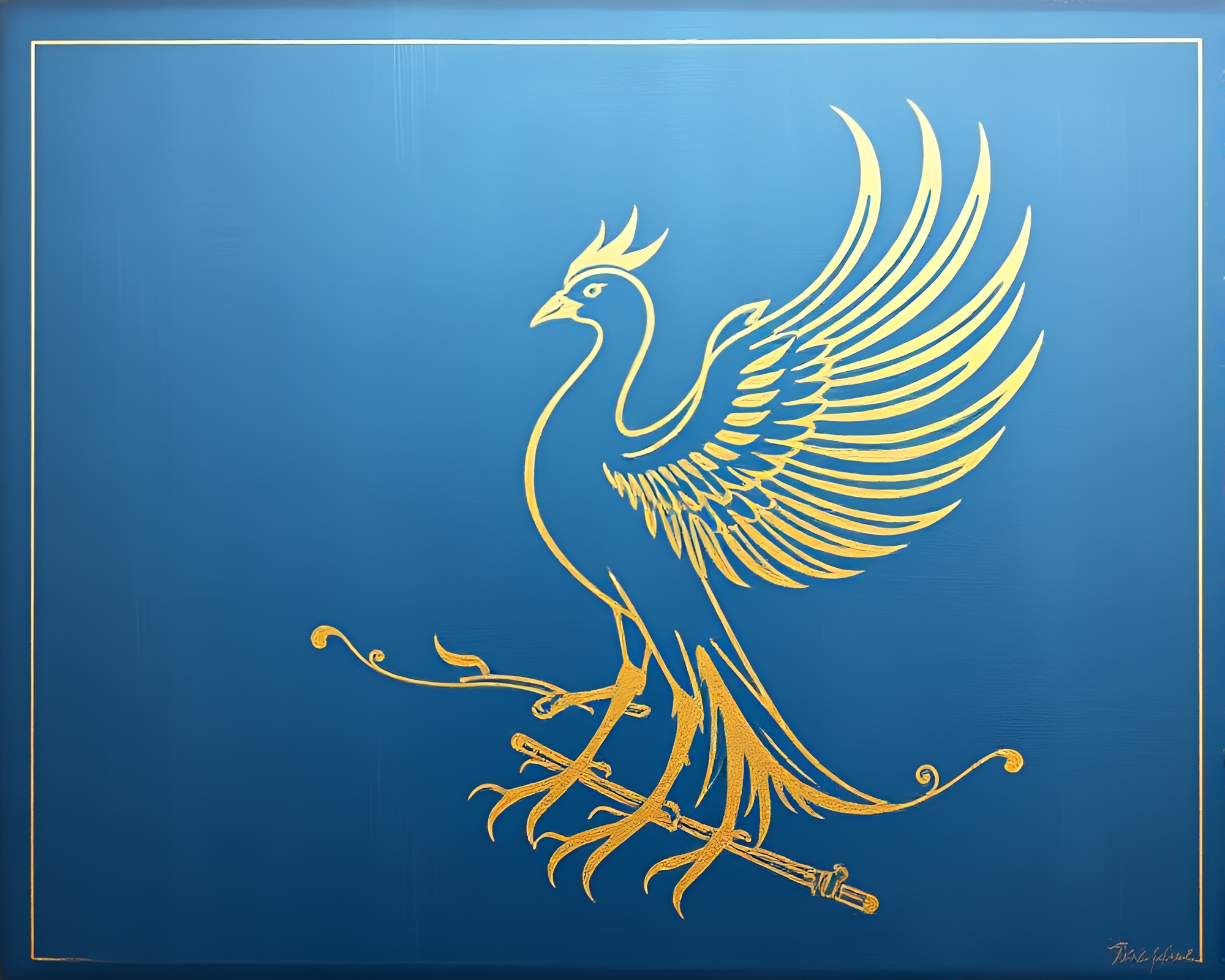 Majestic Phoenix Rising in Blueprint Gold Foil Illustration – free AI stock image