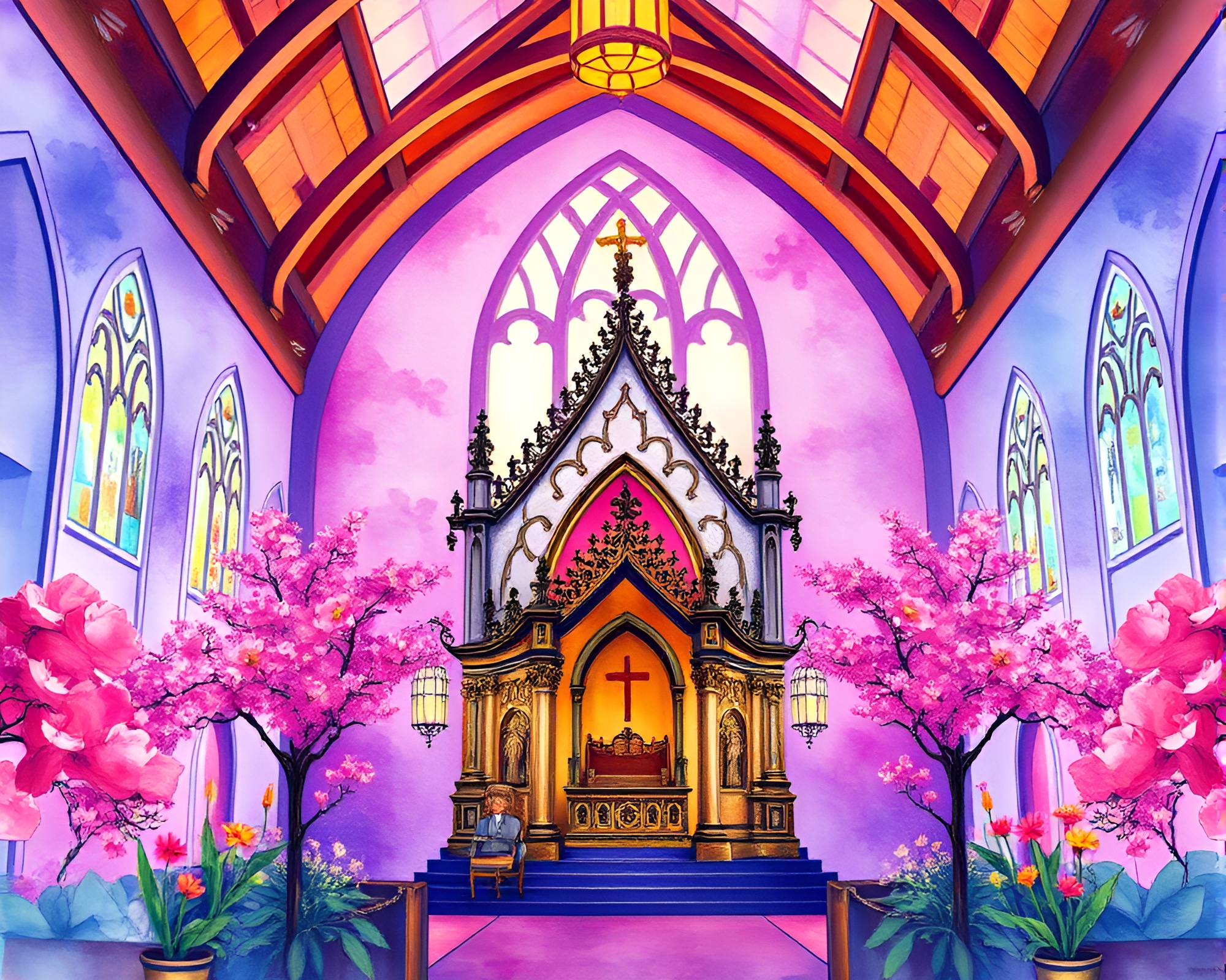 Watercolor Stagecoach Travels Through Ultraviolet Cathedral – free AI stock image