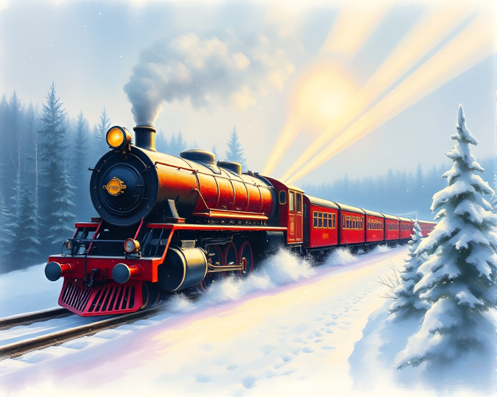 Pastel drawing of steam train surrounded by ethereal light
