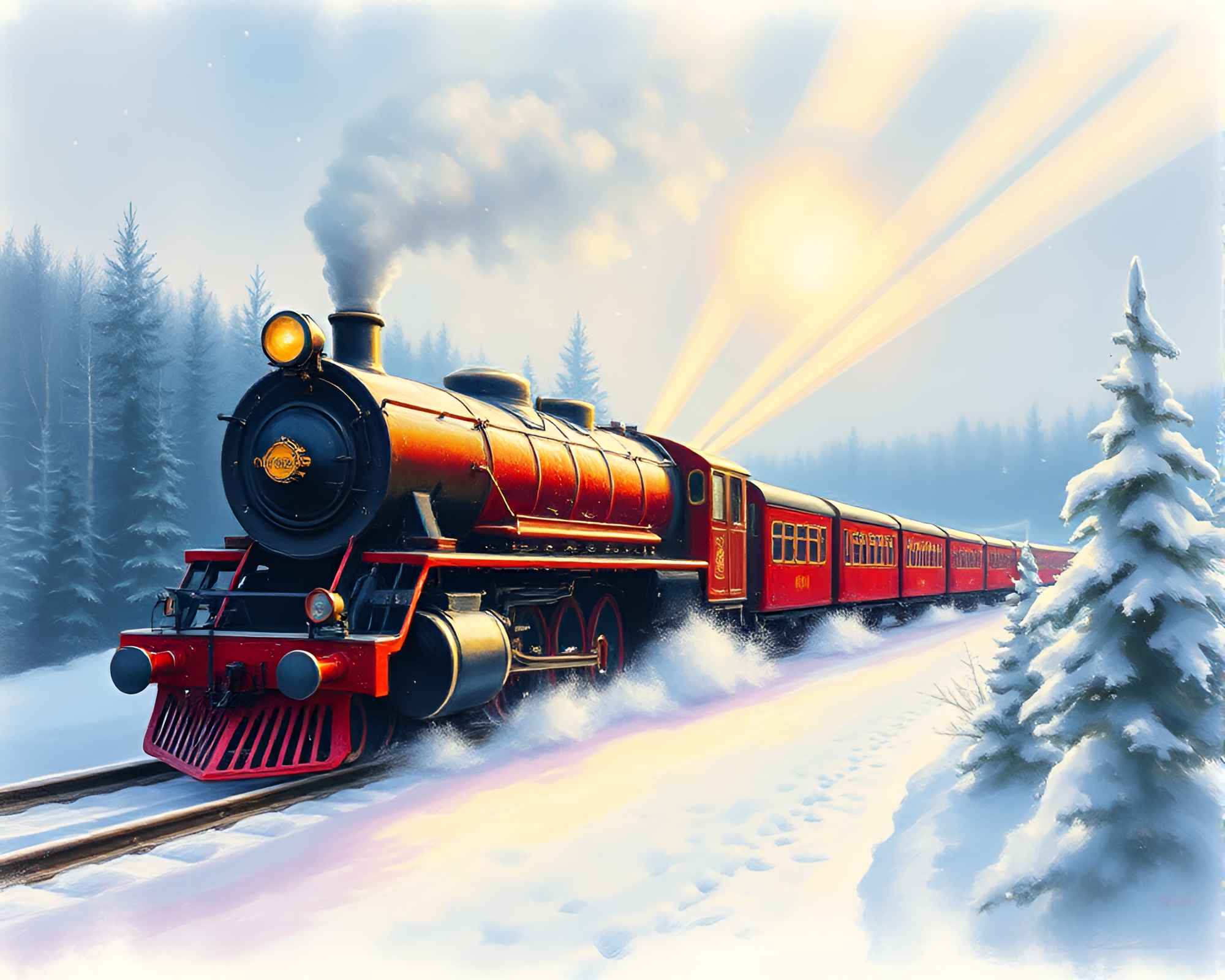 Enchanting Snowflake Steam Locomotive with Heavenly Rays – free AI stock image