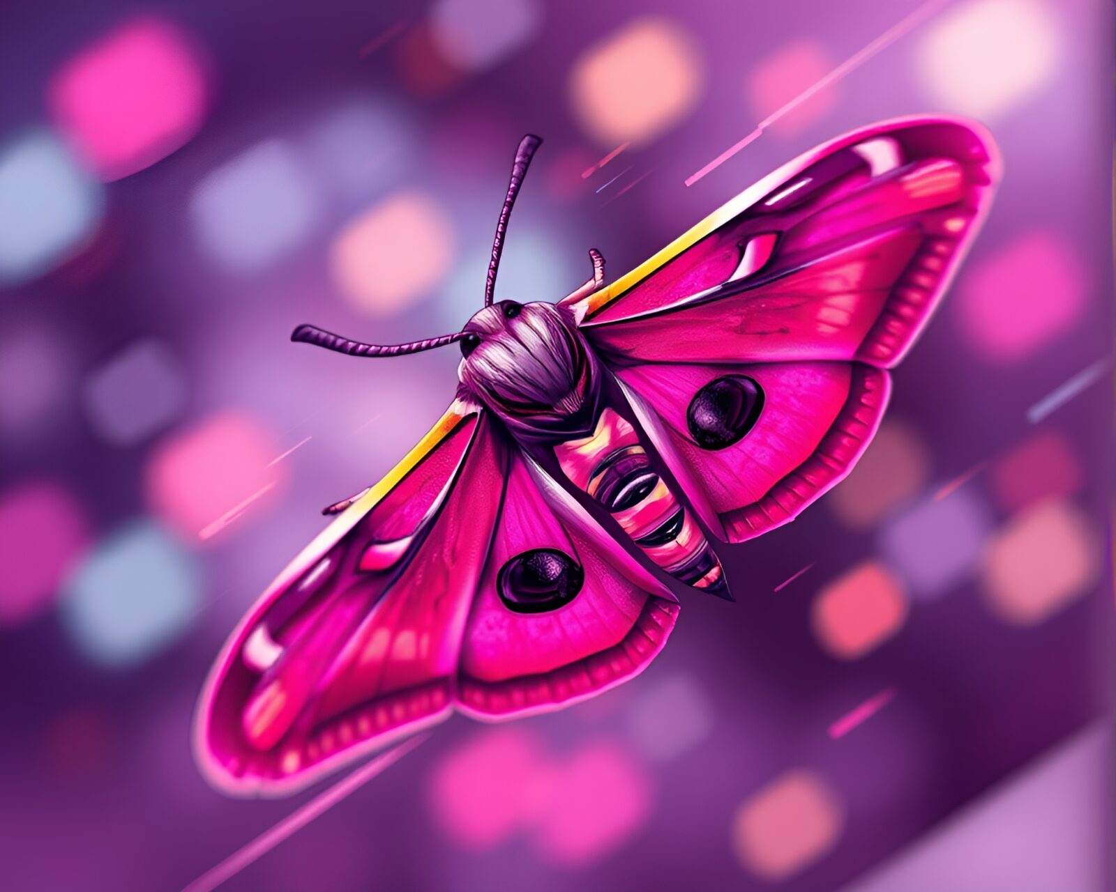 Magenta punch lighting surrounds a isometric moth in motion blur