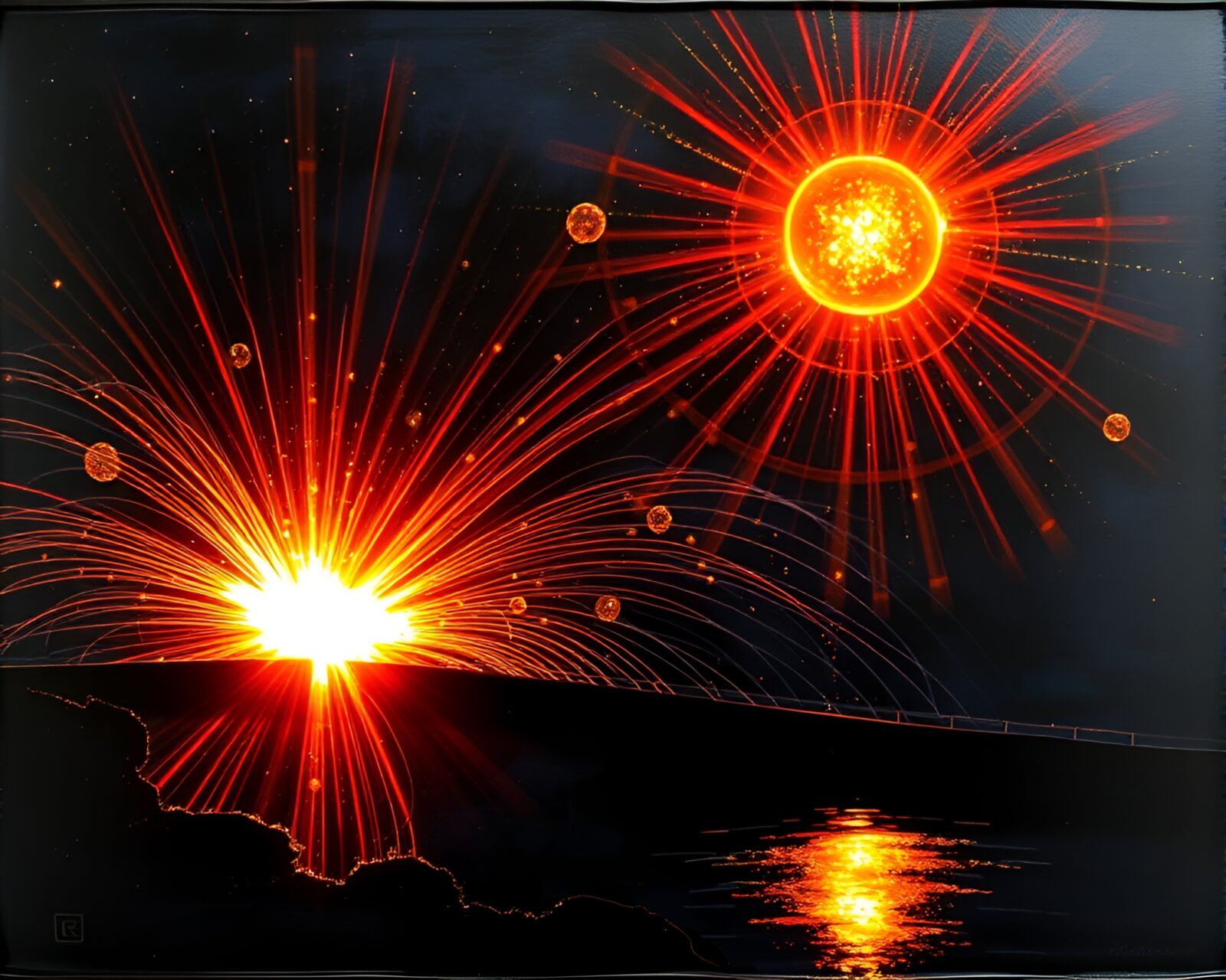 Fiber optics glass bridge with sgraffito style solar flare glow