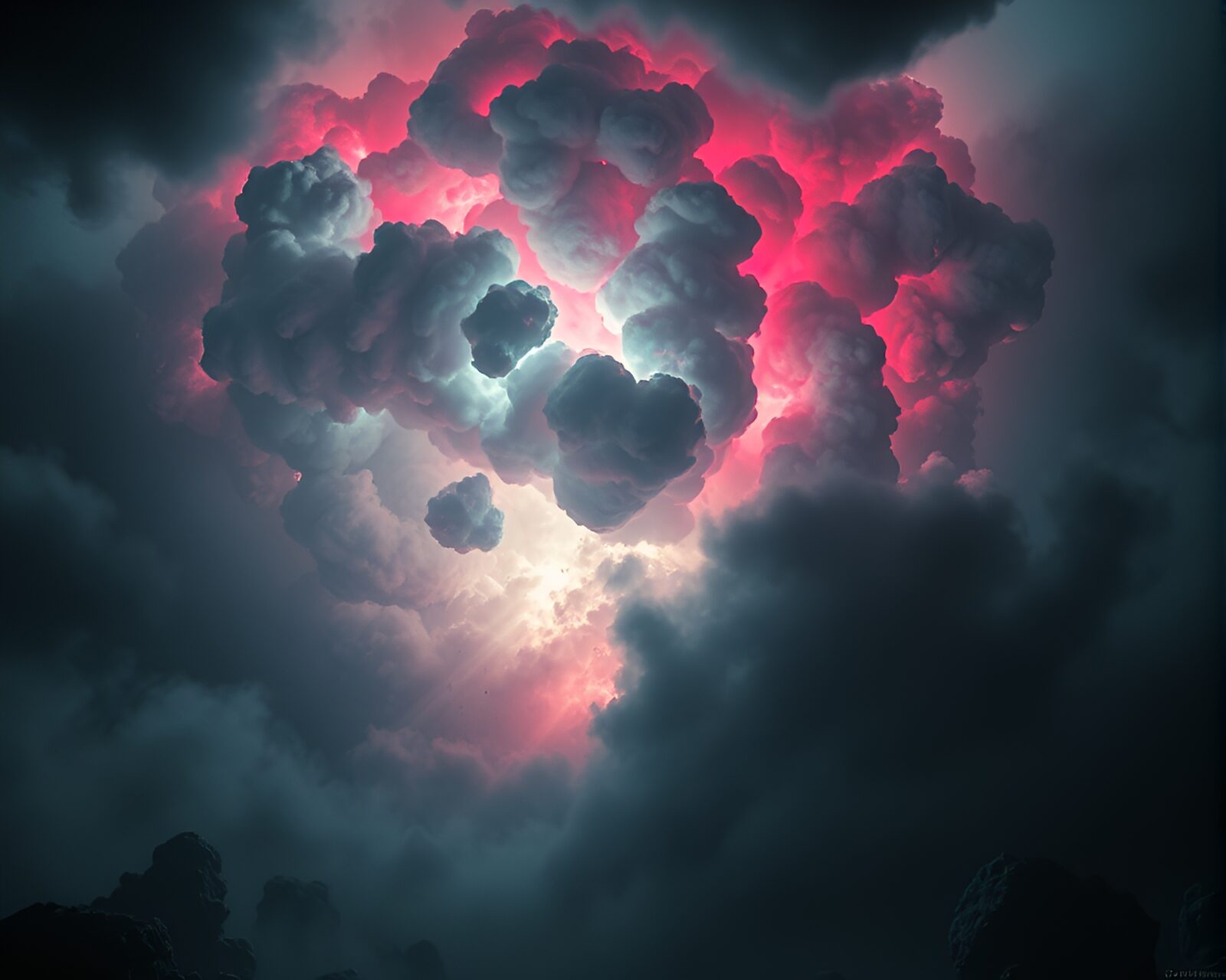 A cyborg in a dark basement surrounded by swirling duochrome cloud of explosion.