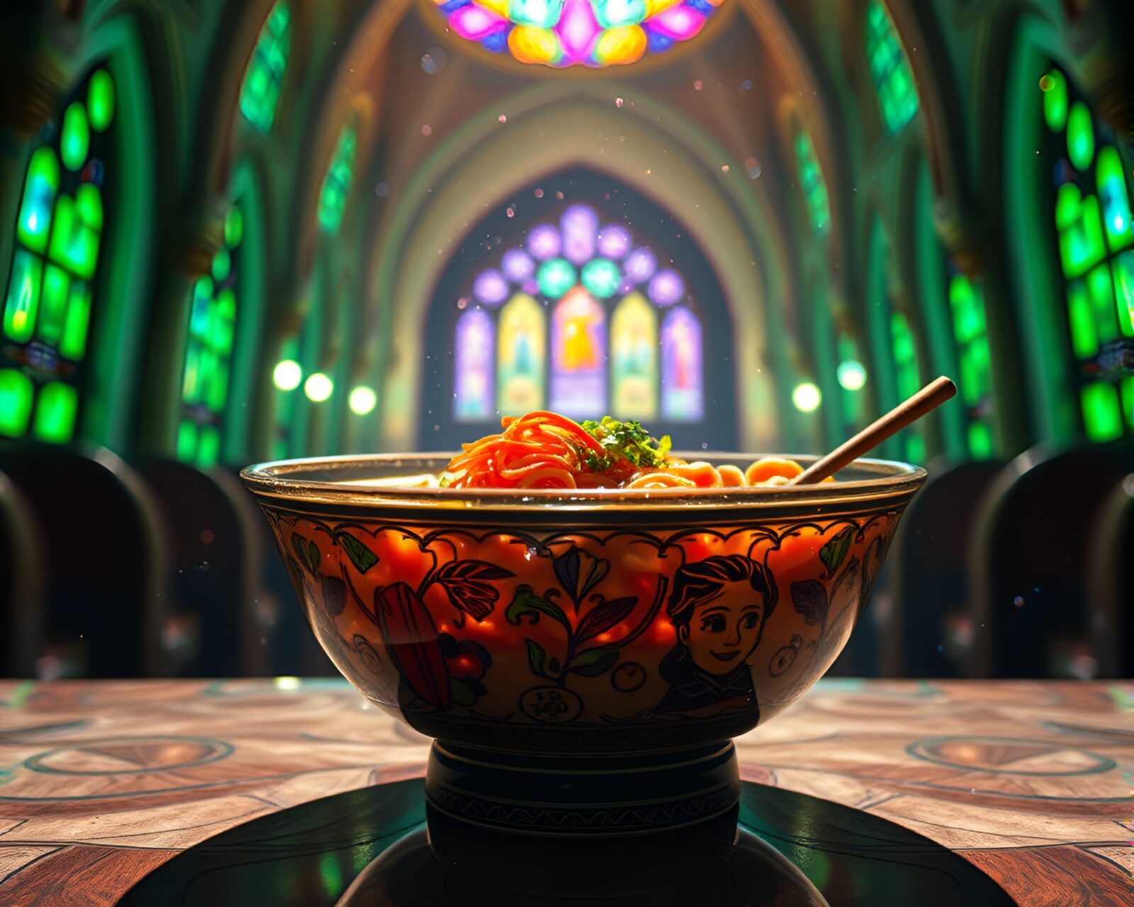 Futuristic holographic ramen bowl in cathedral-like light