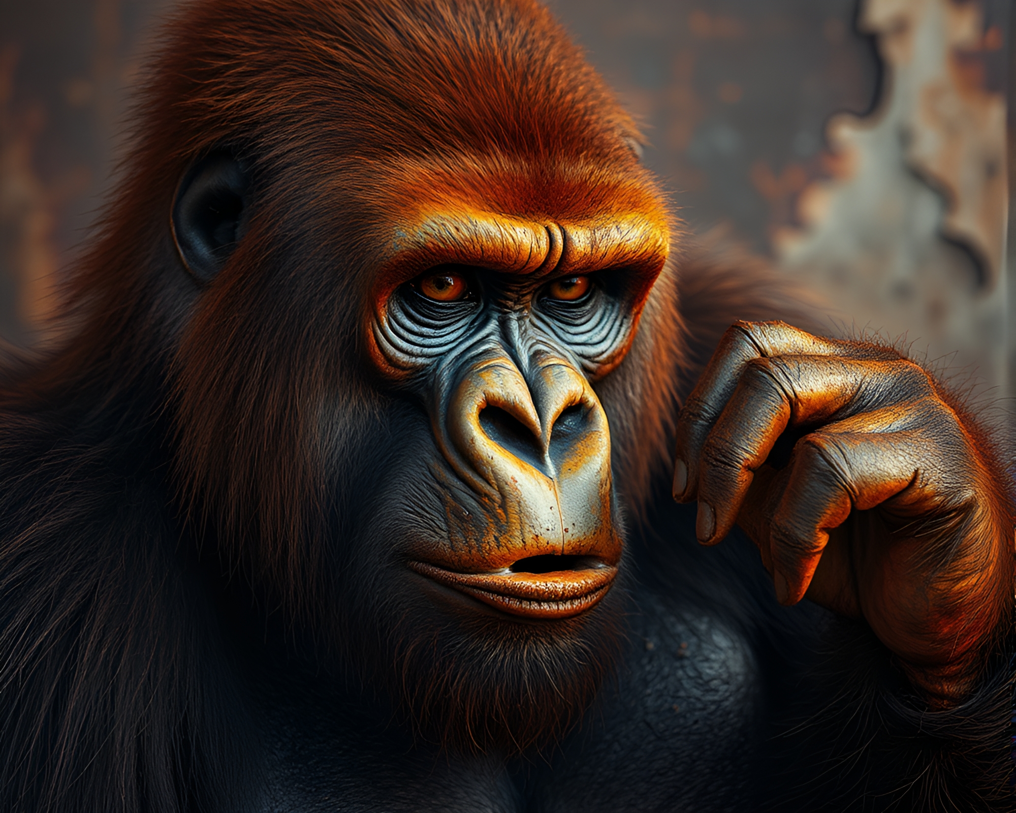 Rust Patina Gorilla: Burnt Orange Wildlife Potrait – free AI stock image