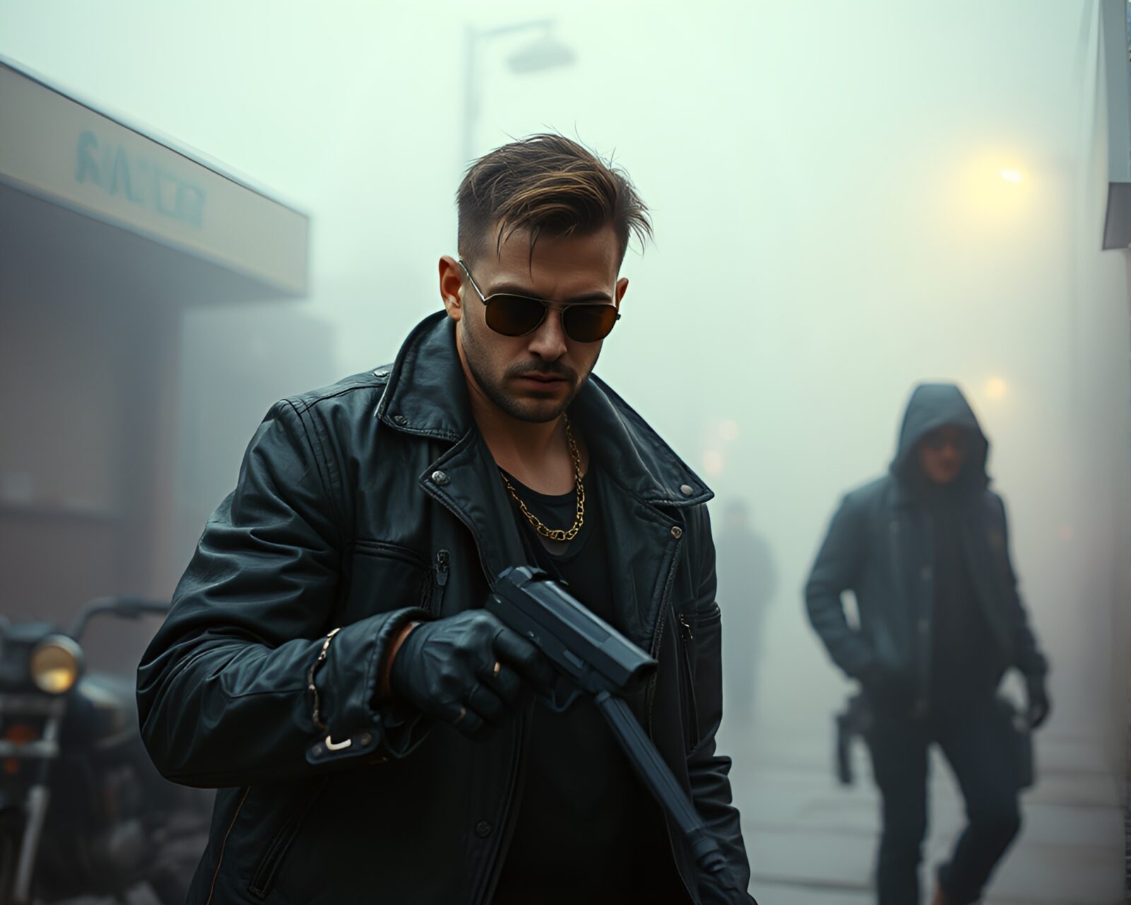 Gritty cyberpunk scene with fog and urban decay