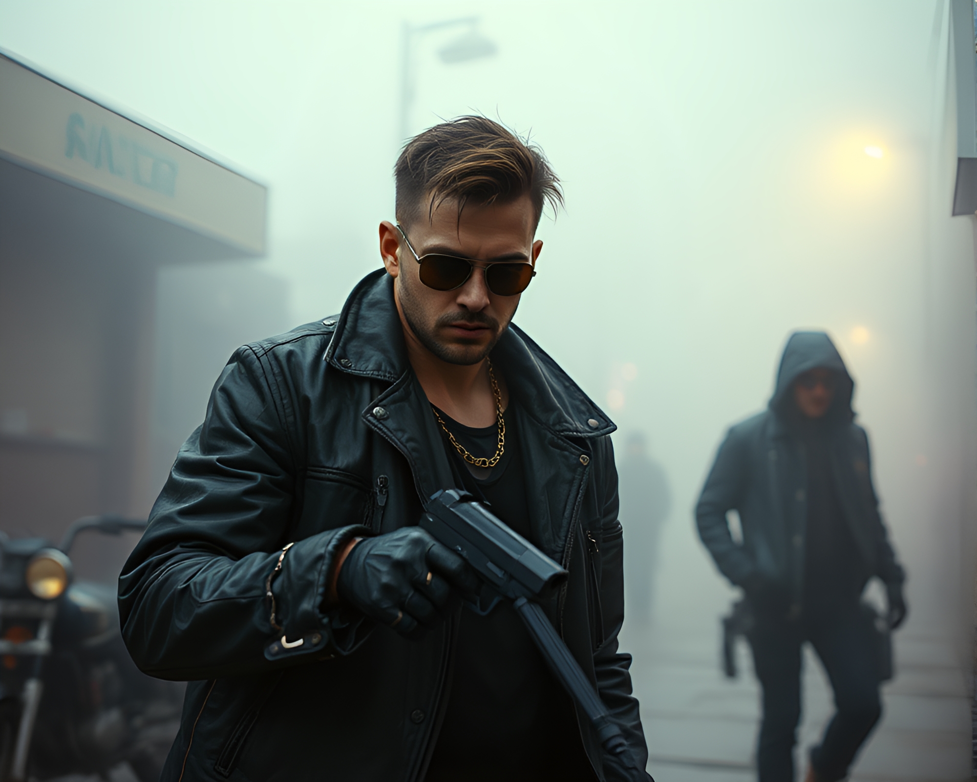 Cyberpunk Vigilante Captured in Candid 90s Moment – free AI stock image