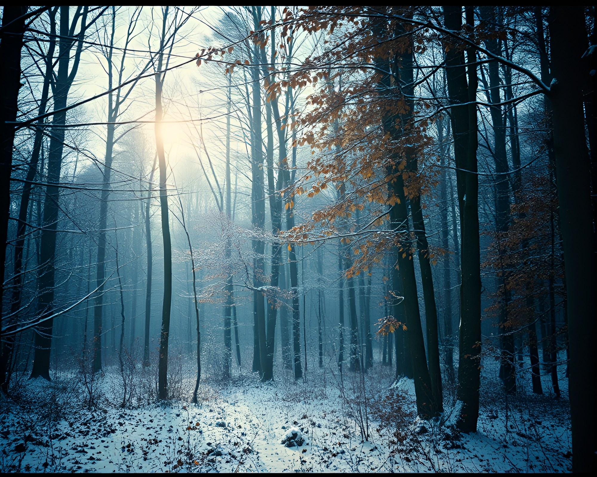 Autumnal Film Sprocket Holes in Snow-Dusted Forest – free AI stock image