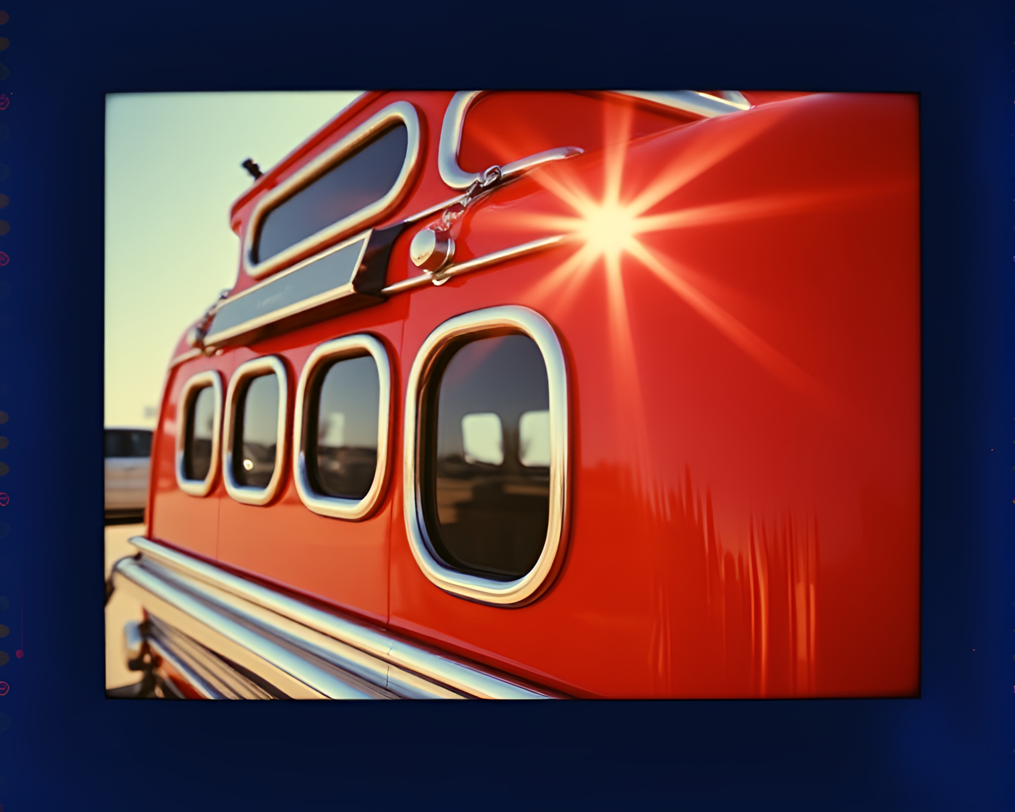 Chrome-Reflected Stagecoach in Starburst Polaroid Frame – free AI stock image