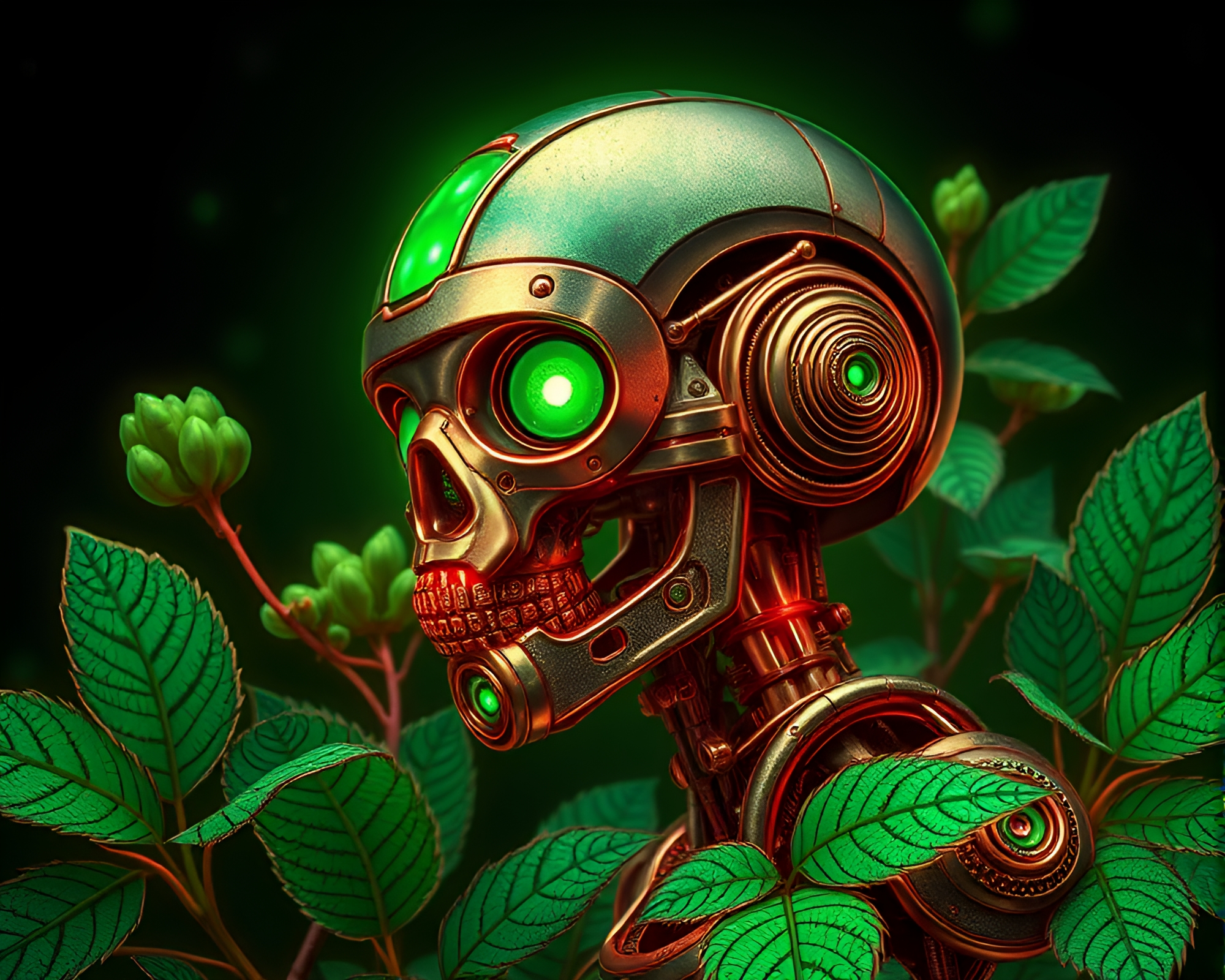 Verdigris Cyborg in Phosphorescent Botanical Illustration – free AI stock image