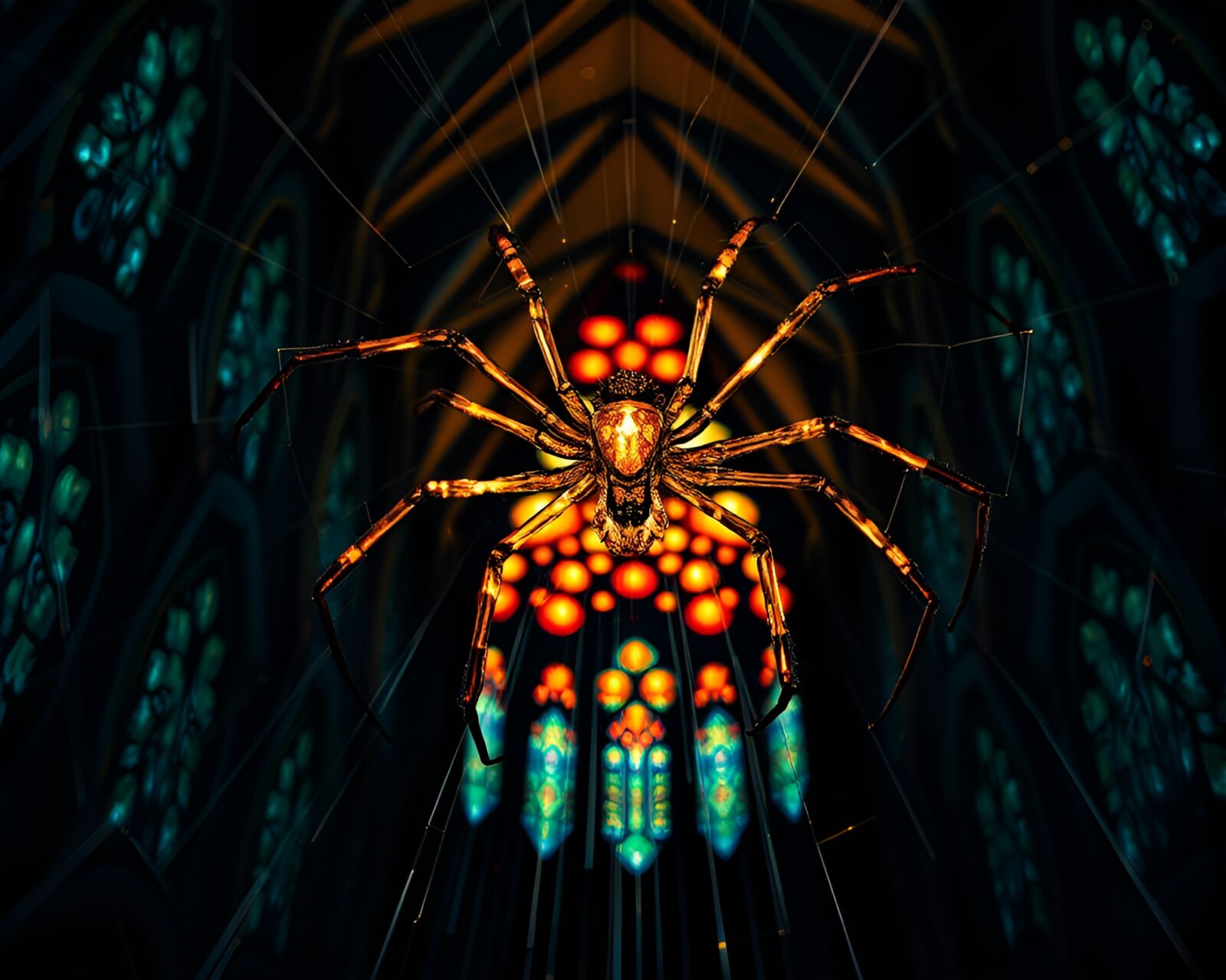 Glimmering pointillism scene of mechanical spider in cathedral light.