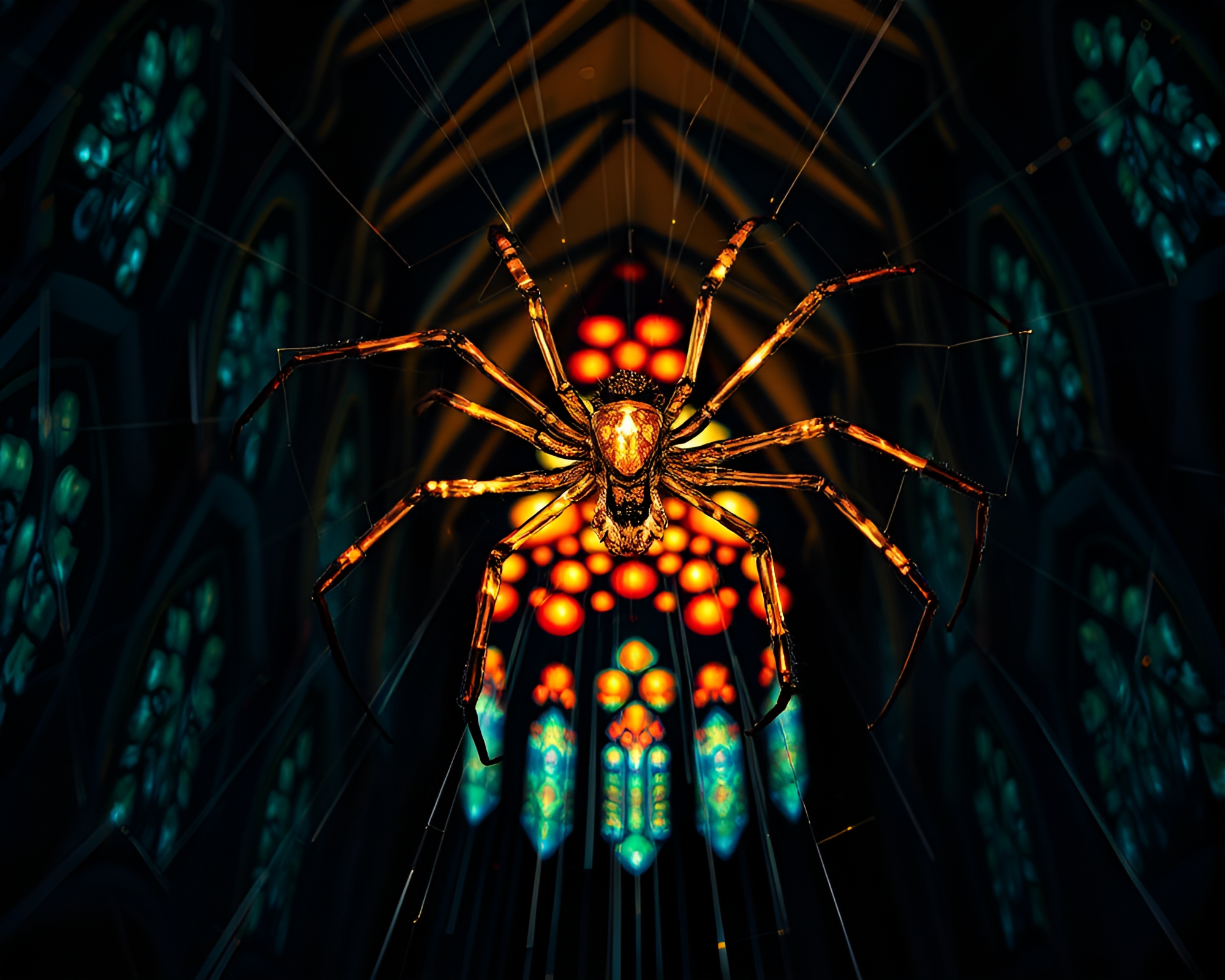 Mechanical Spider Light Trails in Stained Glass Cathedral – free AI stock image