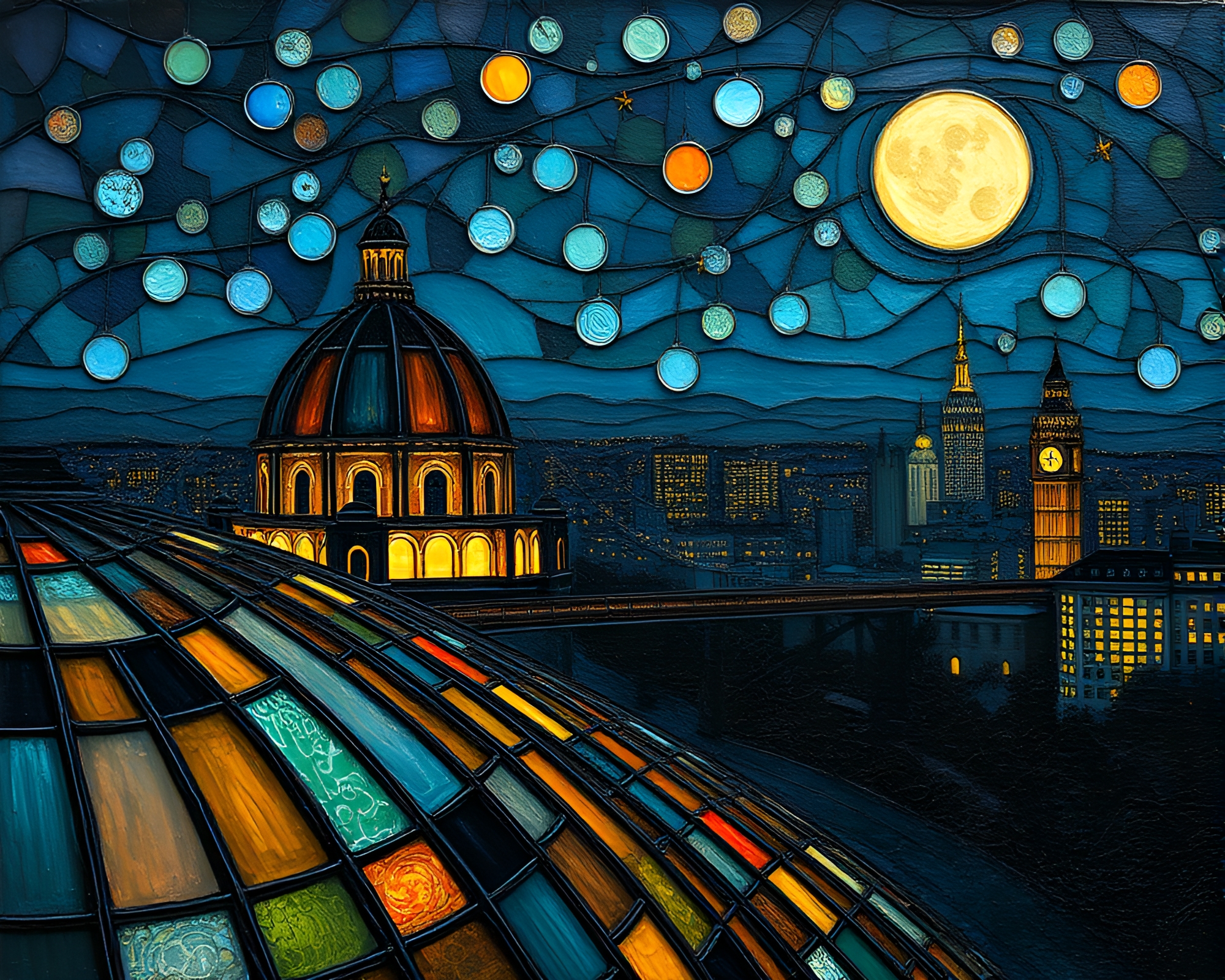Vibrant Night City Fashion Stained Glass Illustration – free AI stock image