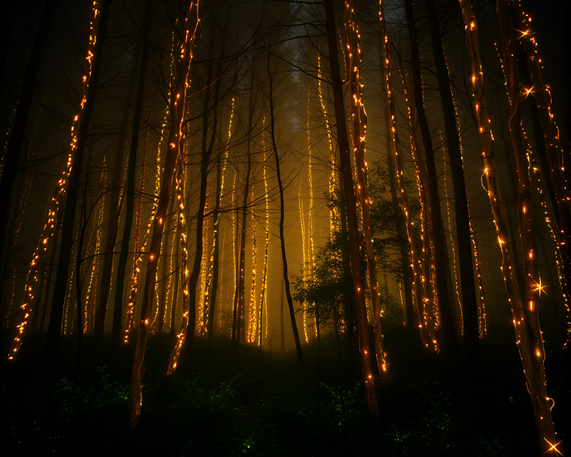 Bioluminescent Neon Wireframe Forest in Morning Light – free AI stock image