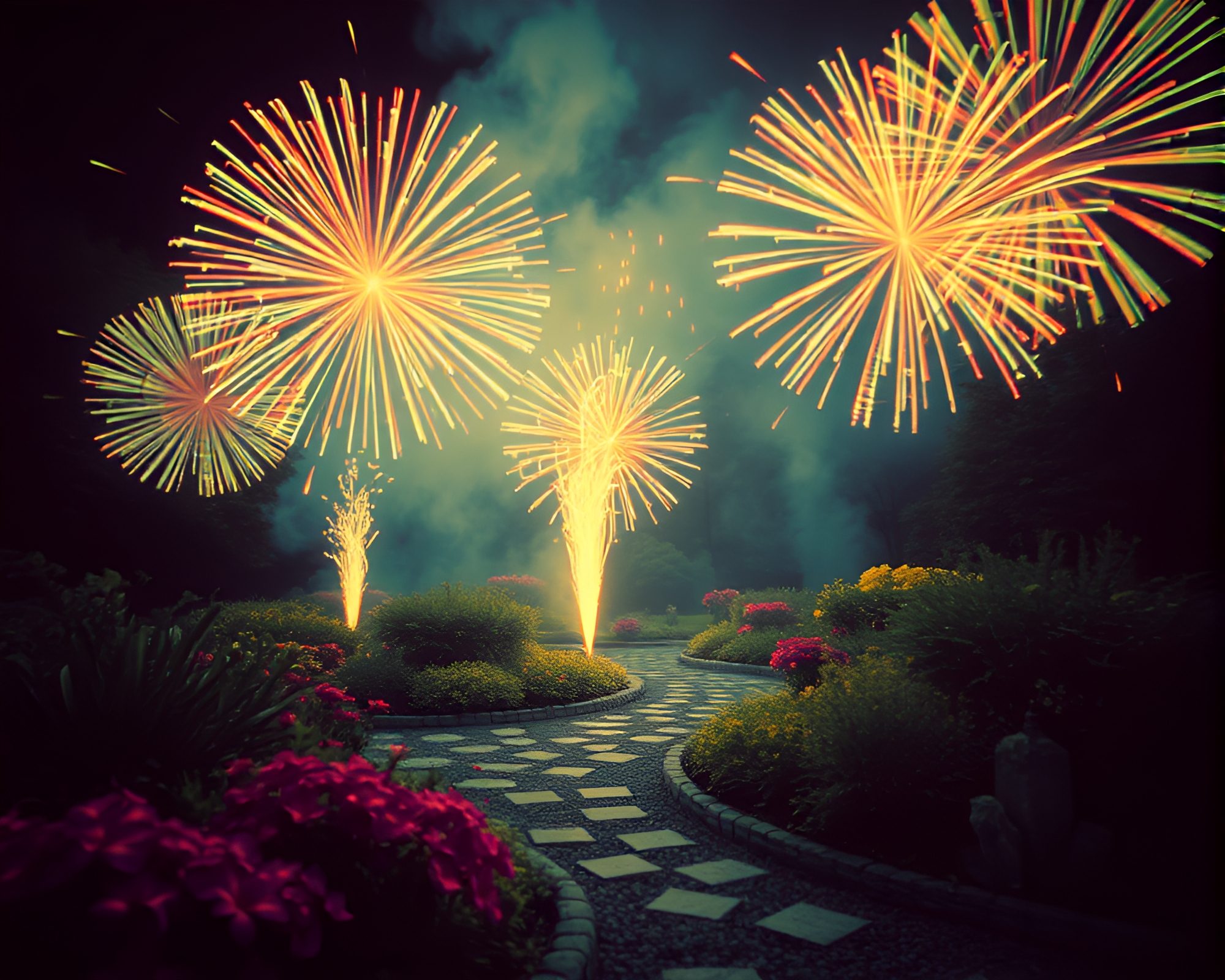Zen Garden Illuminated by Thermal Fireworks Display – free AI stock image