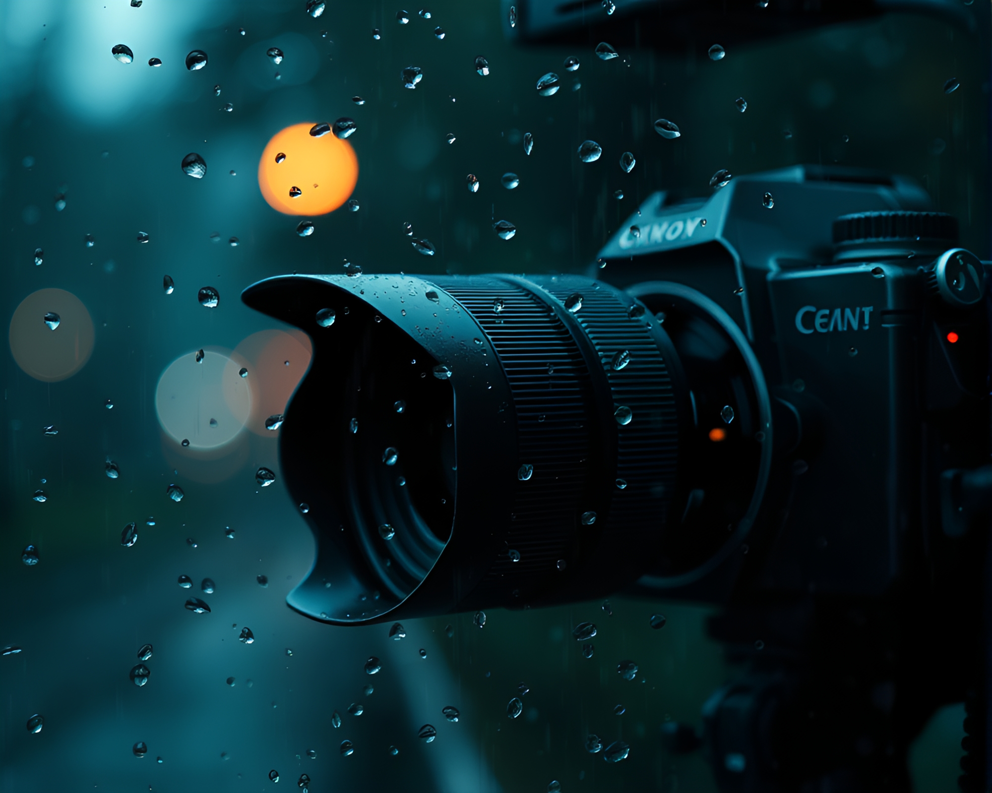 Rain Droplets on Camera Lens at Dusk – free AI stock image