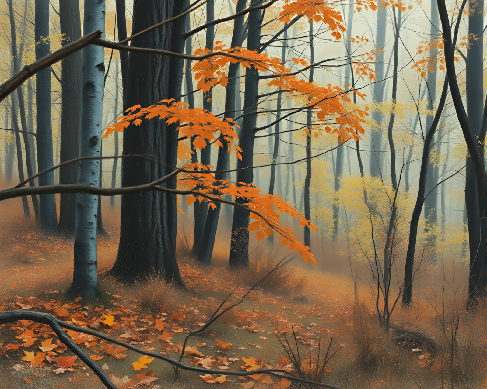 Washed-out colors chalk drawing of intricate autumn forest details