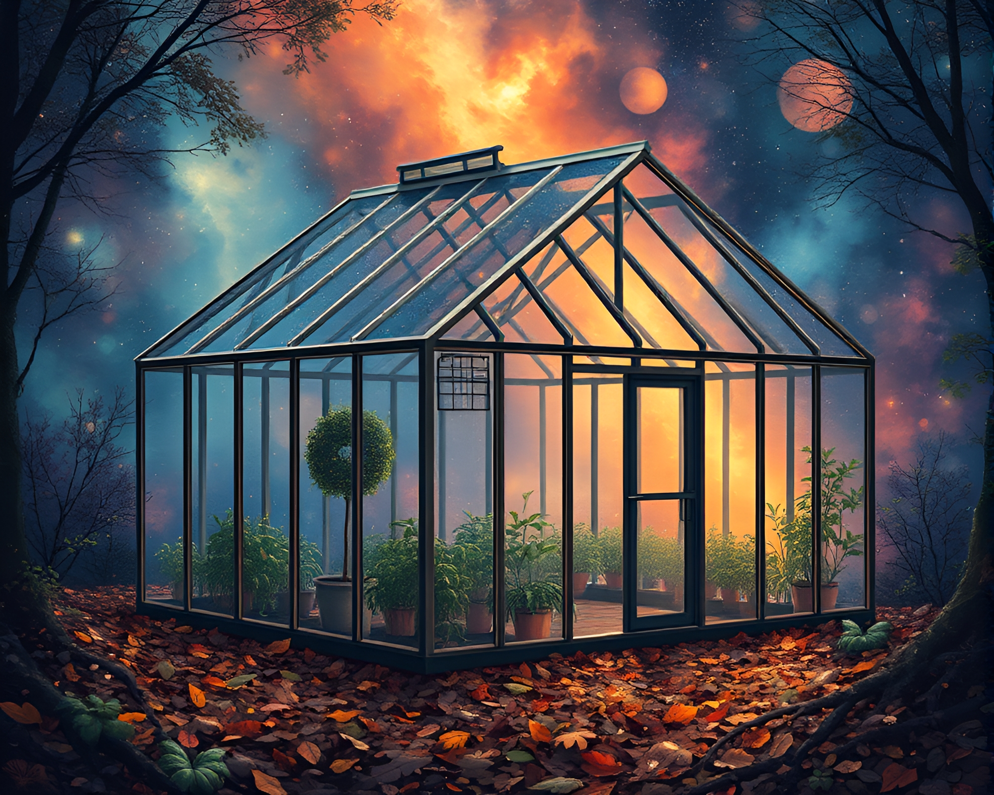 Nebula Glass Greenhouse Illuminated by Pointillism – free AI stock image
