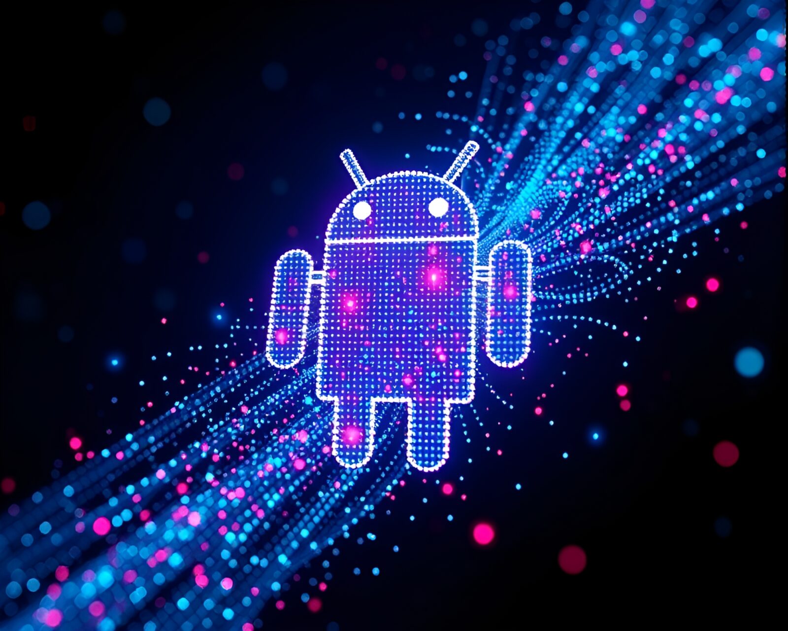 Gleaming android surrounded by digital dots in holographic matrix