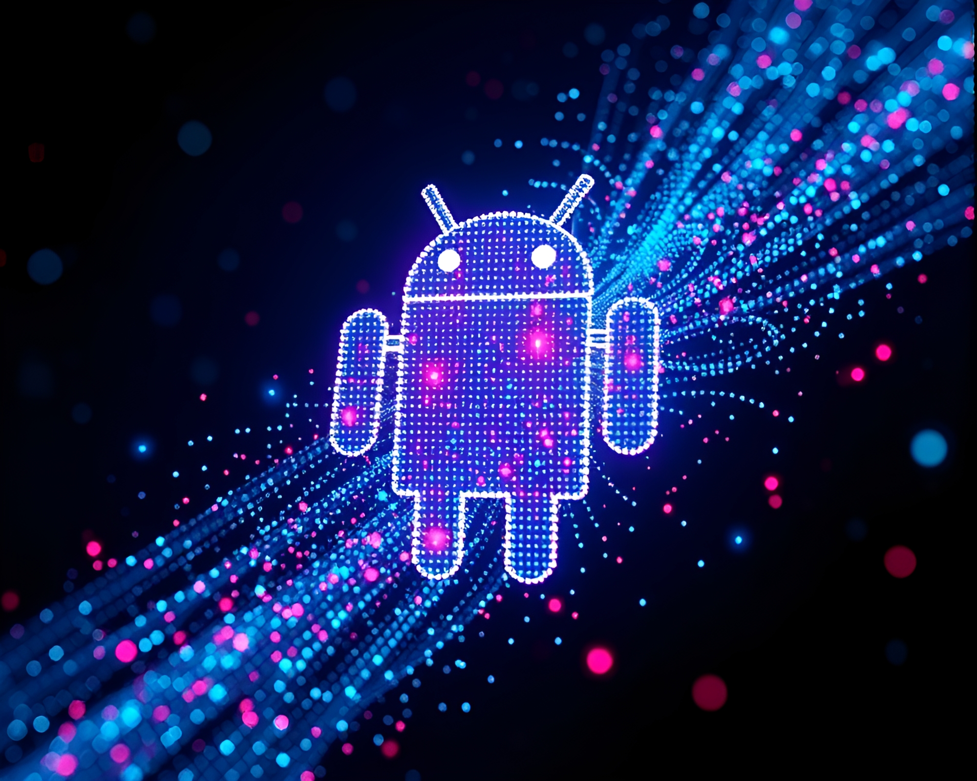 Futuristic Android in Holographic Dot Matrix Environment – free AI stock image