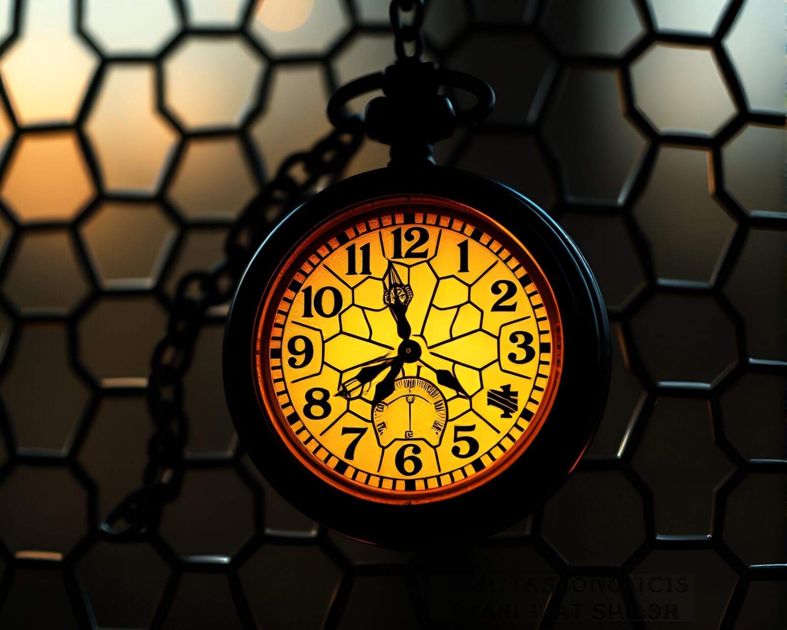Pocket watch in hexagonal stained glass design glowing warmly.